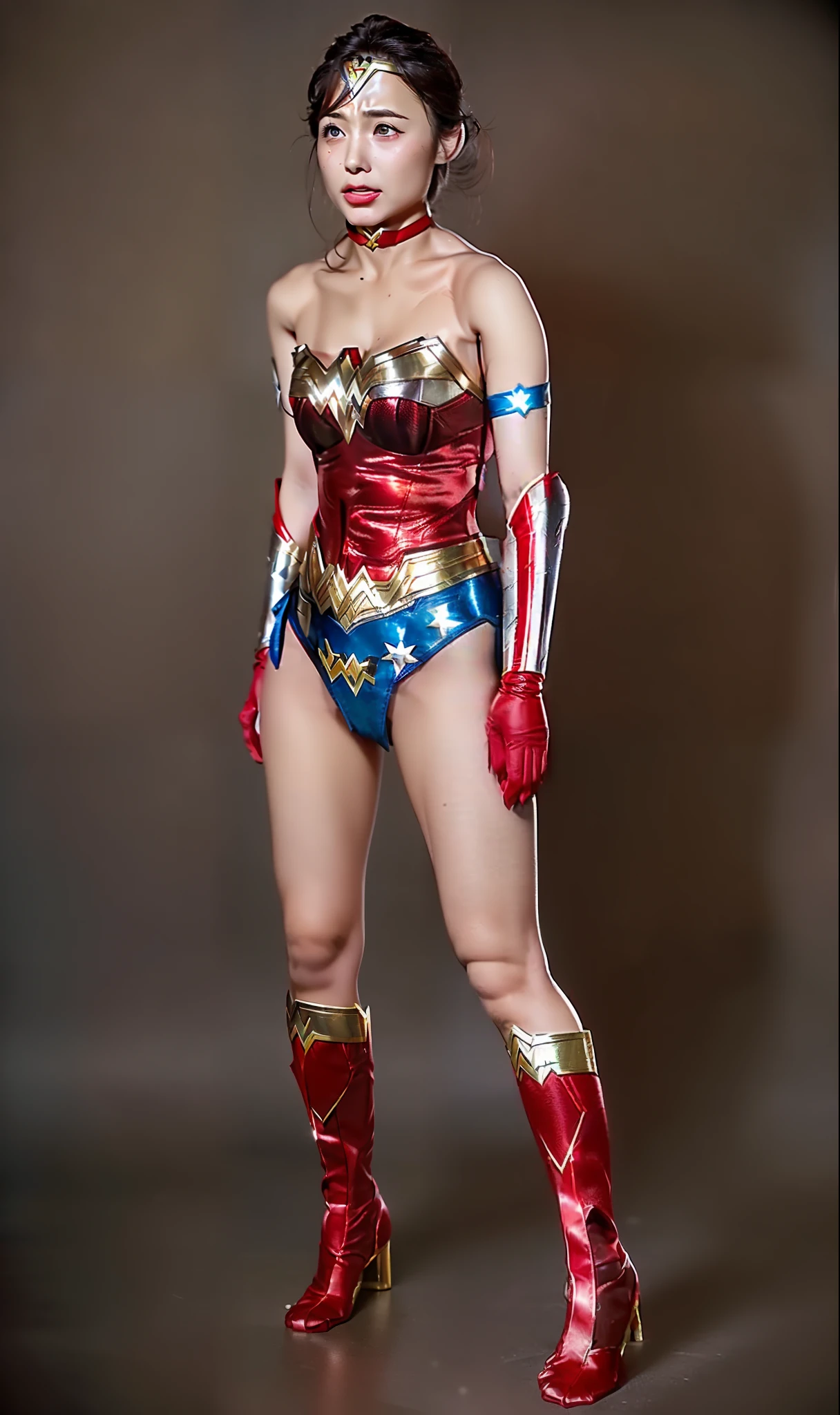 (((Make the most of the original image)))、(((Wonder Woman Costume)))、(((tricky)))、(((Eyes closed、s asleep)))、((bras、weak legs))、(((Facing down、Depressed)))、((Get))、((Suffering))、((Doll condition))、((Suffering))、(((Wear red gloves)))、(((lustrous dark hair)))、(((Suffering)))、(((That's it)))、