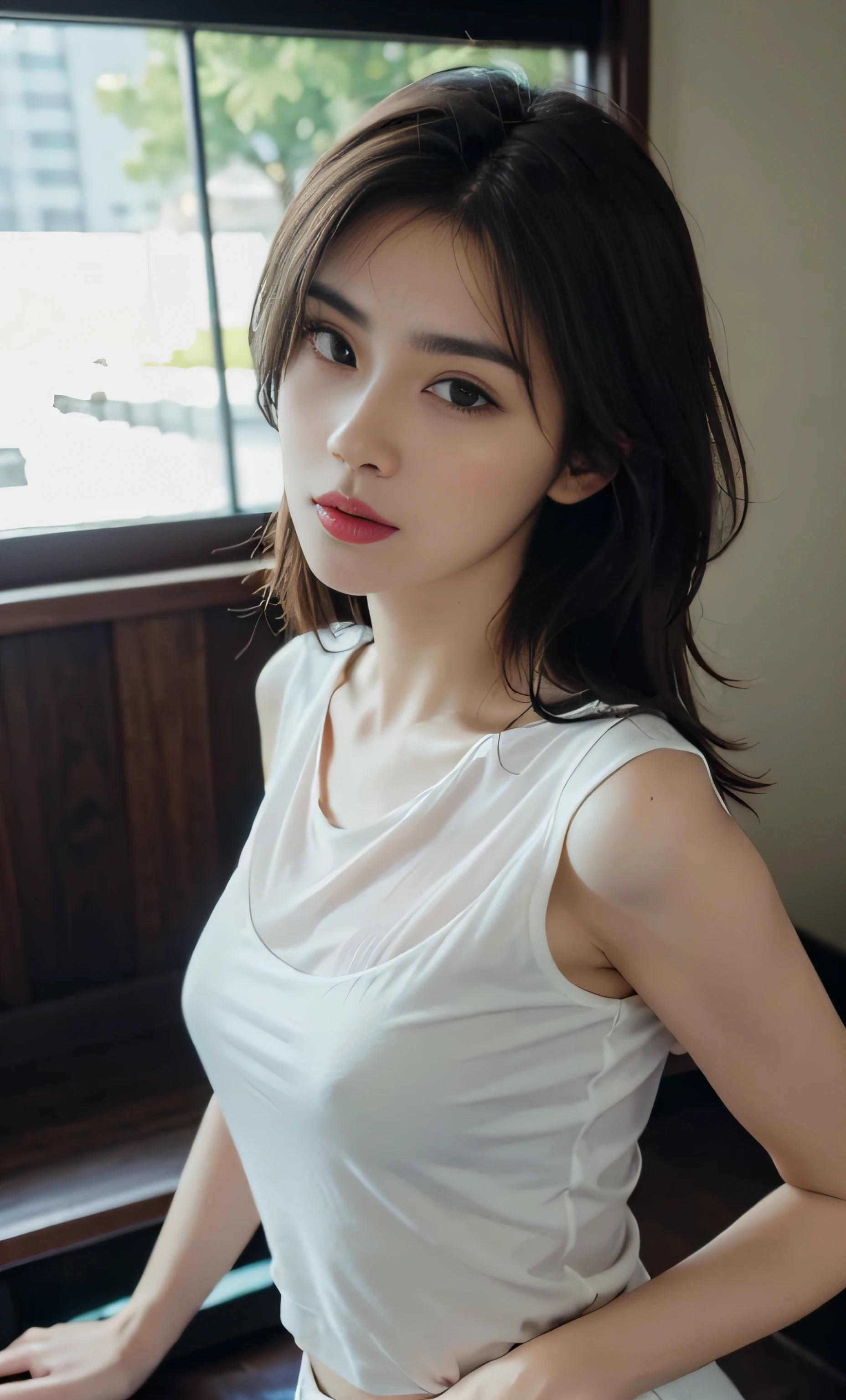 ((Realistic lighting, Best quality, 8K, Masterpiece: 1.3)), Clear focus: 1.8, 1 Pretty girl, Perfect beauty: 1.4, Slim abs: 1.1, ((dark brown hair)), exquisite facial features, white tight shirt open shirt, fantasy XIV, transparent white tight short skirts, slim figure, (indoor, Night: 1.1), hotel view, Super fine face, Fine eyes, Double eyelids,