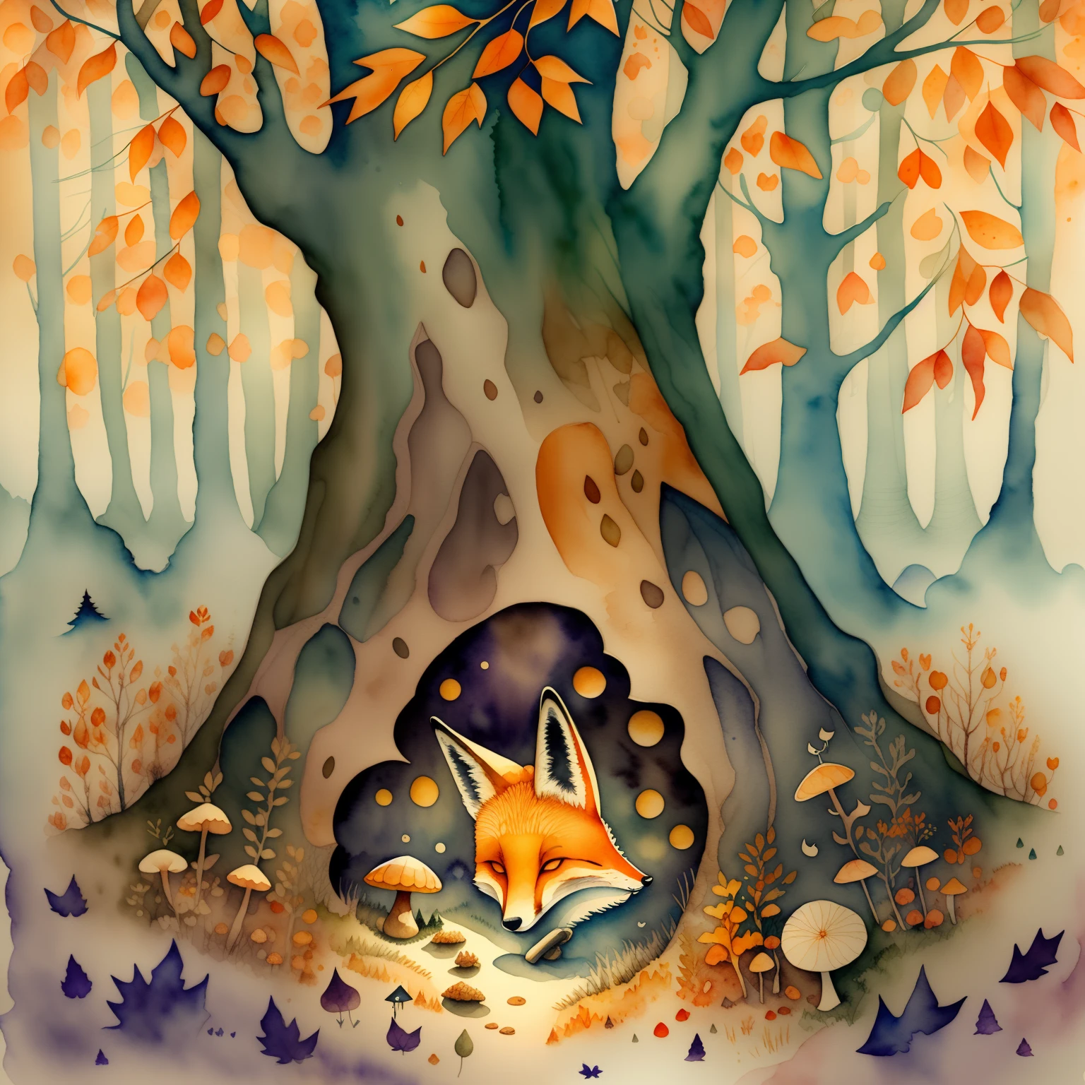 In the foreground is a fox, holds the mushroom in its paw, Very kind and dreamy, Ao fundo (( At night, nightfall)), ((Autumn forest and fog)), which rises above the river, watercolor illustration, Tadeusz Brzozowski, whimsical art, Funny works of art