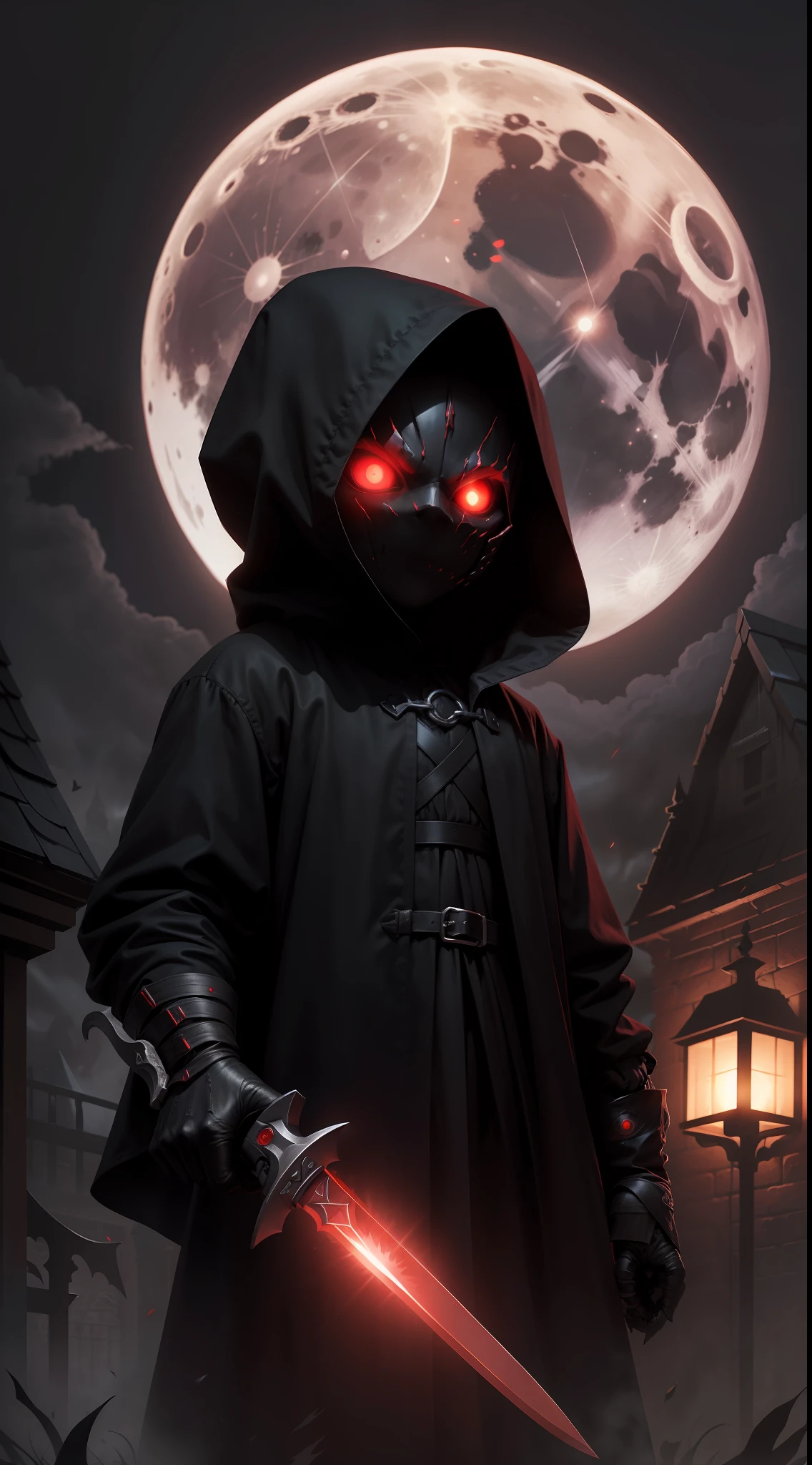 a demonic faceless small_humanoid, with two bladed weapons, scary, horror, night, dark, fall weather, full moon, glowing red eyes, evil, 1600s