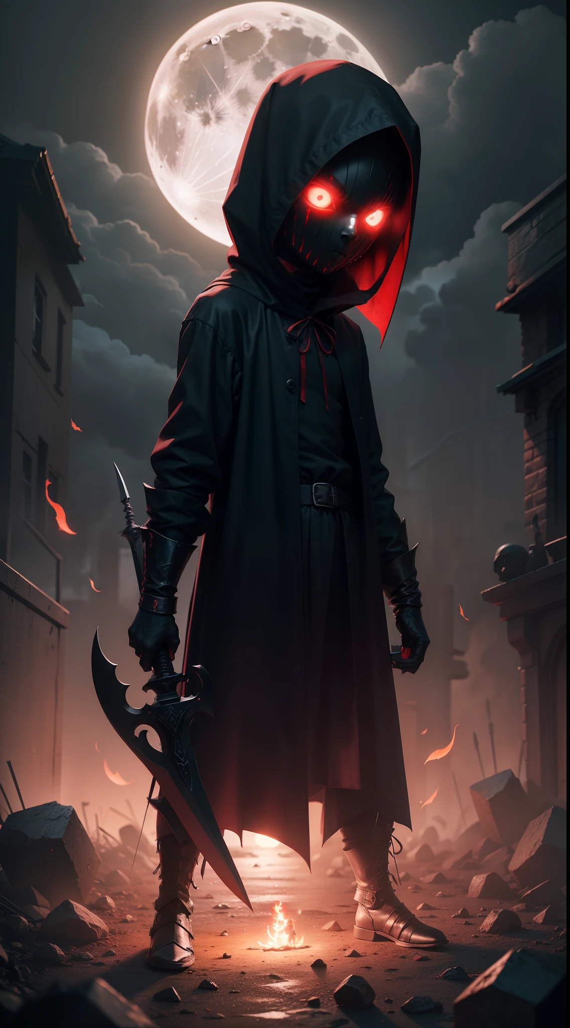 a demonic faceless small_humanoid, with two bladed weapons, scary, horror, night, dark, fall weather, full moon, glowing red eyes, evil, 1600s