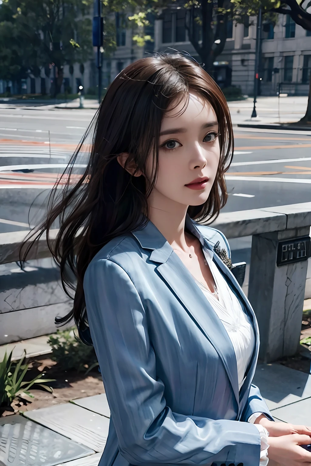 best quality,masterpiece,photorealistic,extremely detailed CG unity 8k wallpaper,1girl,suit,upper body,looking at the viewer,outdoors,