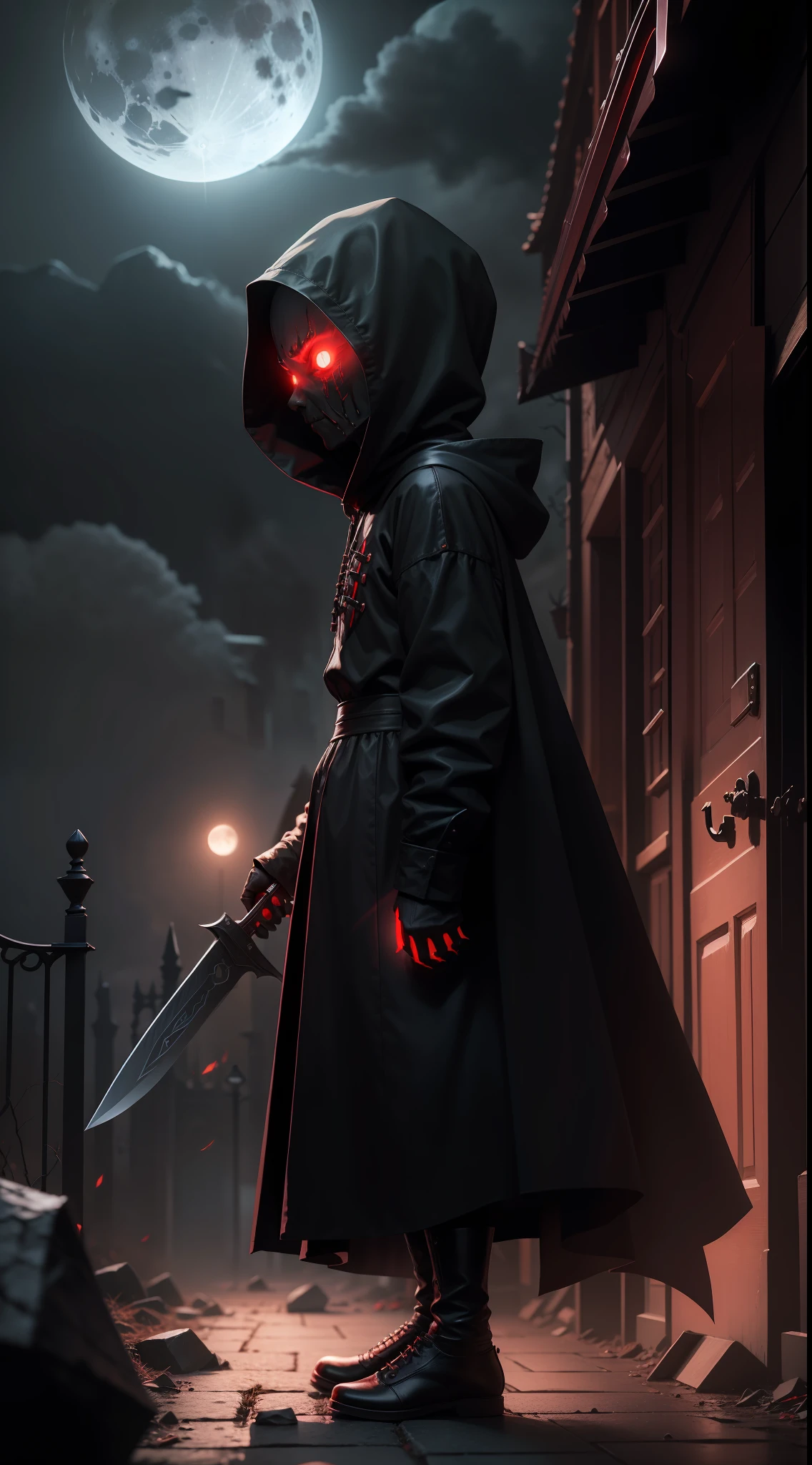 a demonic faceless small_humanoid, with two bladed weapons, scary, horror, night, dark, fall weather, full moon, glowing red eyes, evil, 1600s
