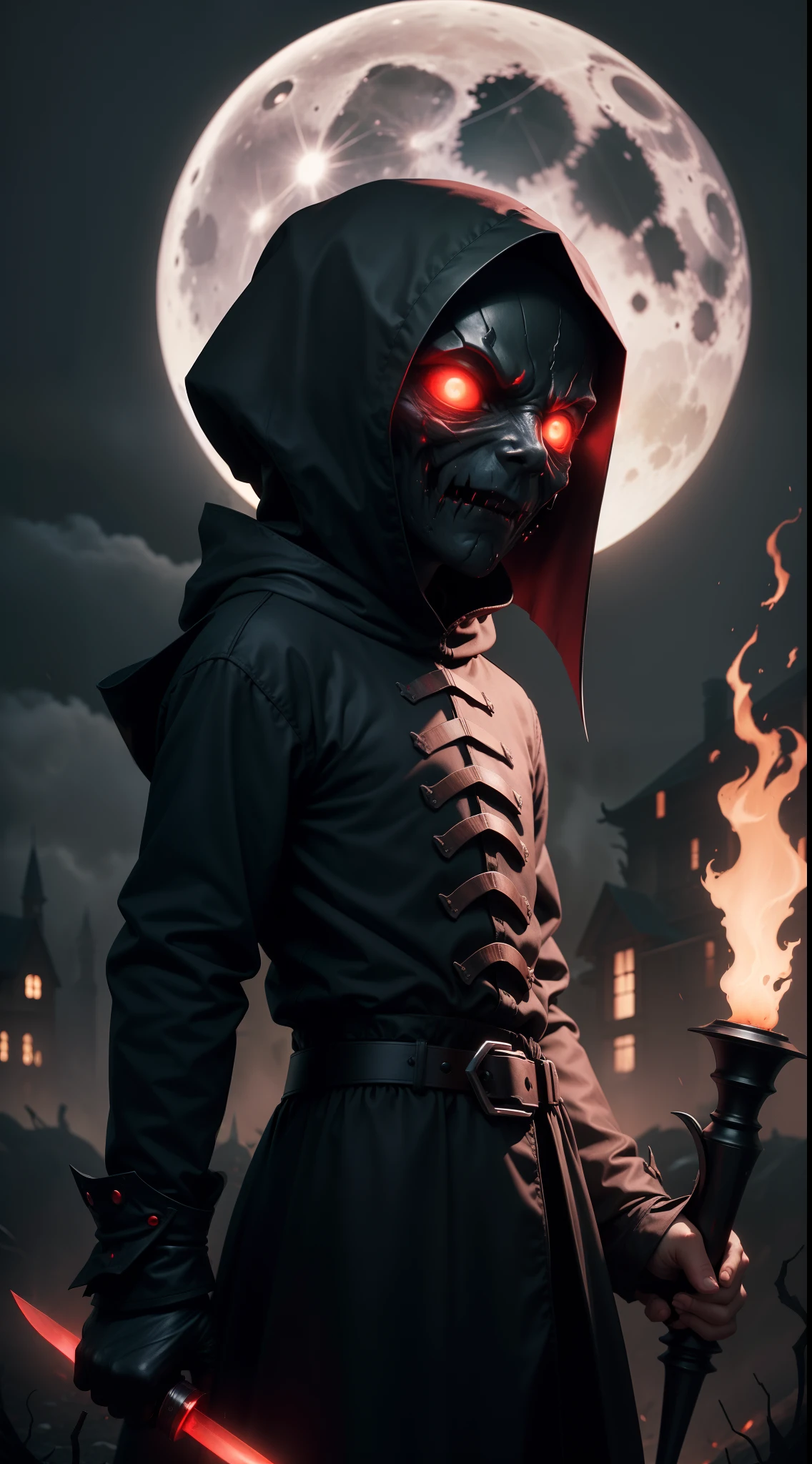a demonic faceless small_humanoid, with two bladed weapons, scary, horror, night, dark, fall weather, full moon, glowing red eyes, evil, 1600s