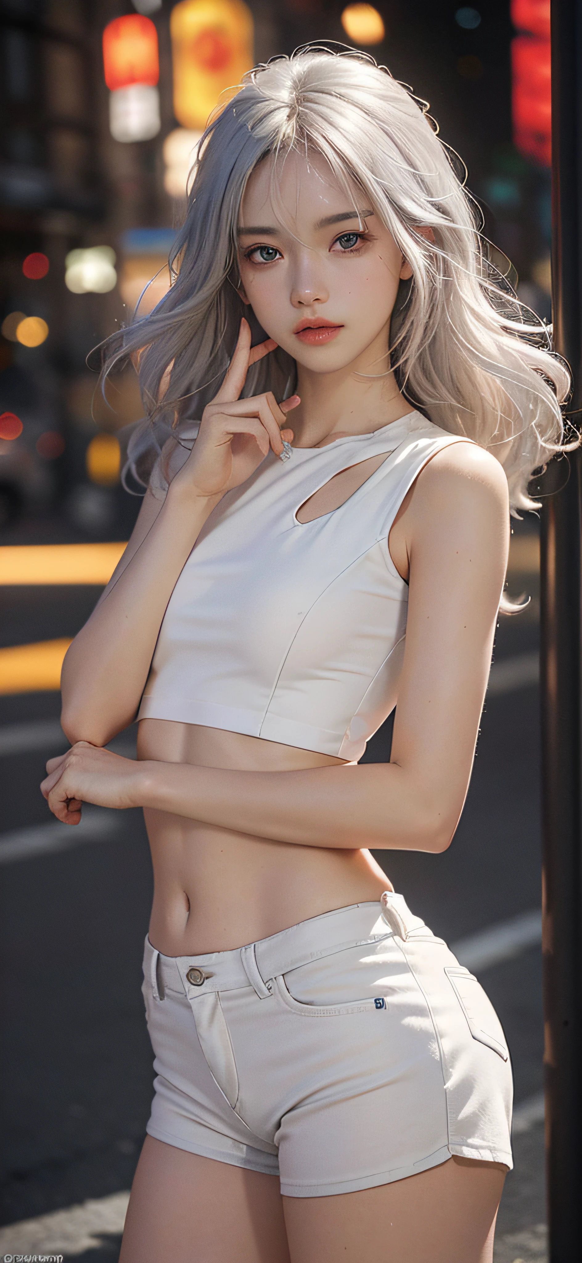 ((Realistic lighting, Best quality, 8K, Masterpiece: 1.3)), Clear focus: 1.8, 1 Pretty girl, Perfect beauty: 1.4, Slim abs: 1.1, ((light silver hair)), exquisite facial features, white tight open-cut top, transparent white tight shorts, slim figure, (Outdoor, Night: 1.1), Park view, Super fine face, Fine eyes, Double eyelids,