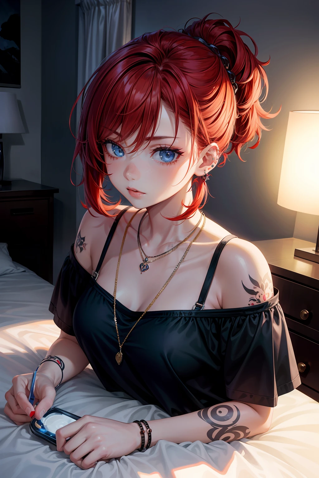 1 girl, solo, only one girl ,Short hair, red hair, short ponytail, blue eyes, lay on the bed, necklace, piercings, hand tattoo, mattress, sleeping t-shirt, Bed, night, night light , bedrooms , Medium chest