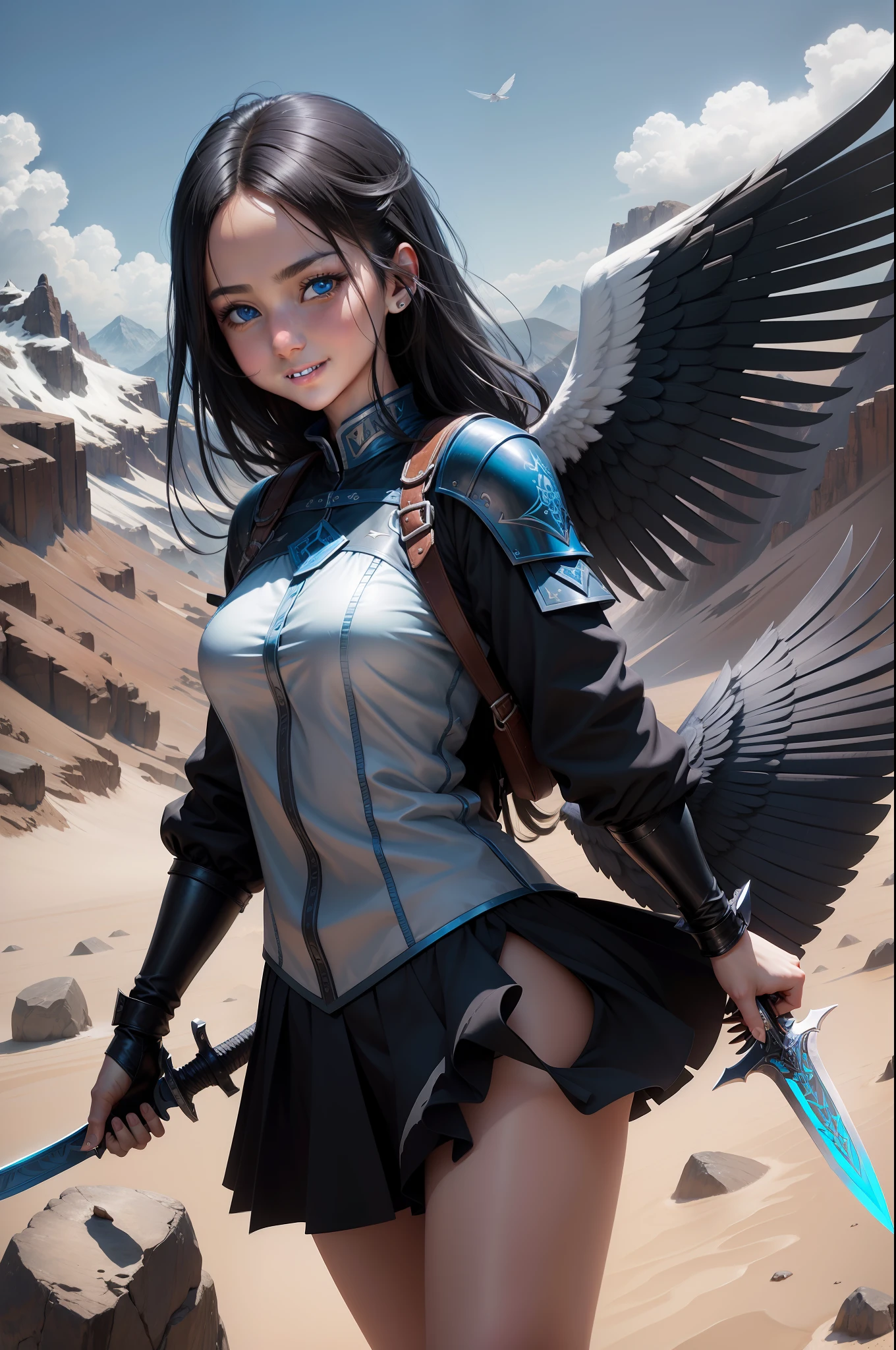 1girl angel, black hair, blue eyes, smiling, bring blade sword, blue wings, fly, absurdres, high res, ultrasharp, 8K, masterpiece, looking at viewer, mountain, courage