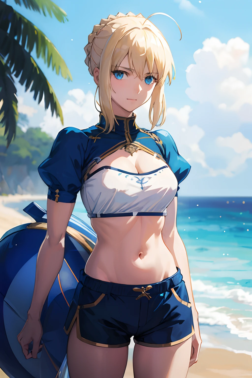 Screenshot of My Hero Academia. Girl with wavy ash blonde hair and shoulder length, butterfly cut, He has honey-colored eyes, White skin, big breasts and has a happy expression. Wearing her heroine costume which is a low-cut suit, bikini type, of oceanic hues like turquoise blue, Aqua green and gold details evoking seashells and corals. The top of the suit has a shell design on the bust with thin straps that interlace in the back.. The bottom part follows the bikini style but with a transparent skirt. In addition, He has long gloves that reach to his elbows., decorated with wave motifs. The cape he wears is semi-transparent and appears to be made of rippling water..