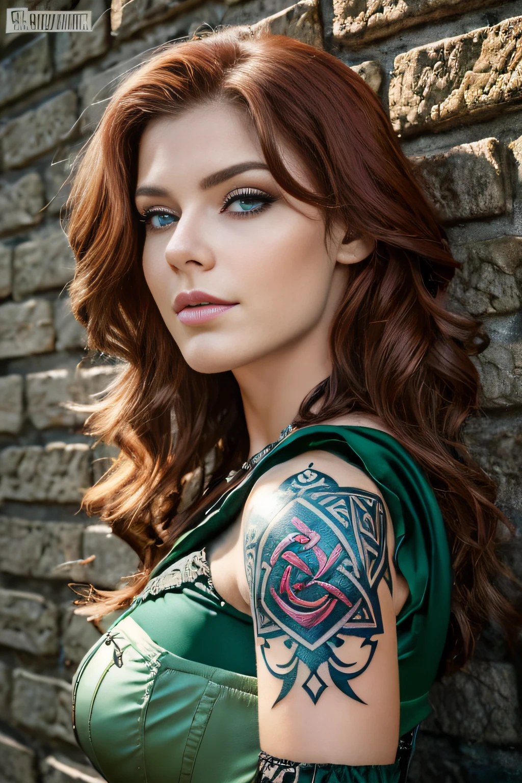 absurdres, foto RAW, mais alta qualidade, (obra-prima: 1.3), foto de cor RAW de alto detalhe, foto profissional, unidade de papel de parede CG 8k extremamente detalhada, foto-realista, realista, foto RAW, obra-prima, melhor qualidade, highres, illustration, 1girl, 16 ANOS, baixinha, tiny girl, magra, branca, ruiva, cabelo vermelho, cabelo ruivo com cachos, cabelo ondulado, curly hair, Average length, cabelo preso, pernas finas, rosto lindo perfeito com sardas, cardune lips, belos olhos realistas, olho direito verde, olho esquerdo azul, heterocromia, pale skin, textura de pele detalhada, seios planos, muito pequenos, bunda pequena. Rosas vermelhas tatuadas nos ombros, tattoos of pagan symbols on the forearms and hands. Corpo magro, esguio. Ruiva. Sorriso. Suada. Estilo bruxa. Pagan style, Celtic, wiccan. Escocesa. She looks amazing. (Vestido vitoriano com bordados, corset branco com bordados, colar com pingente de pentagrama, capa com capuz, design detalhado), casa, noite.