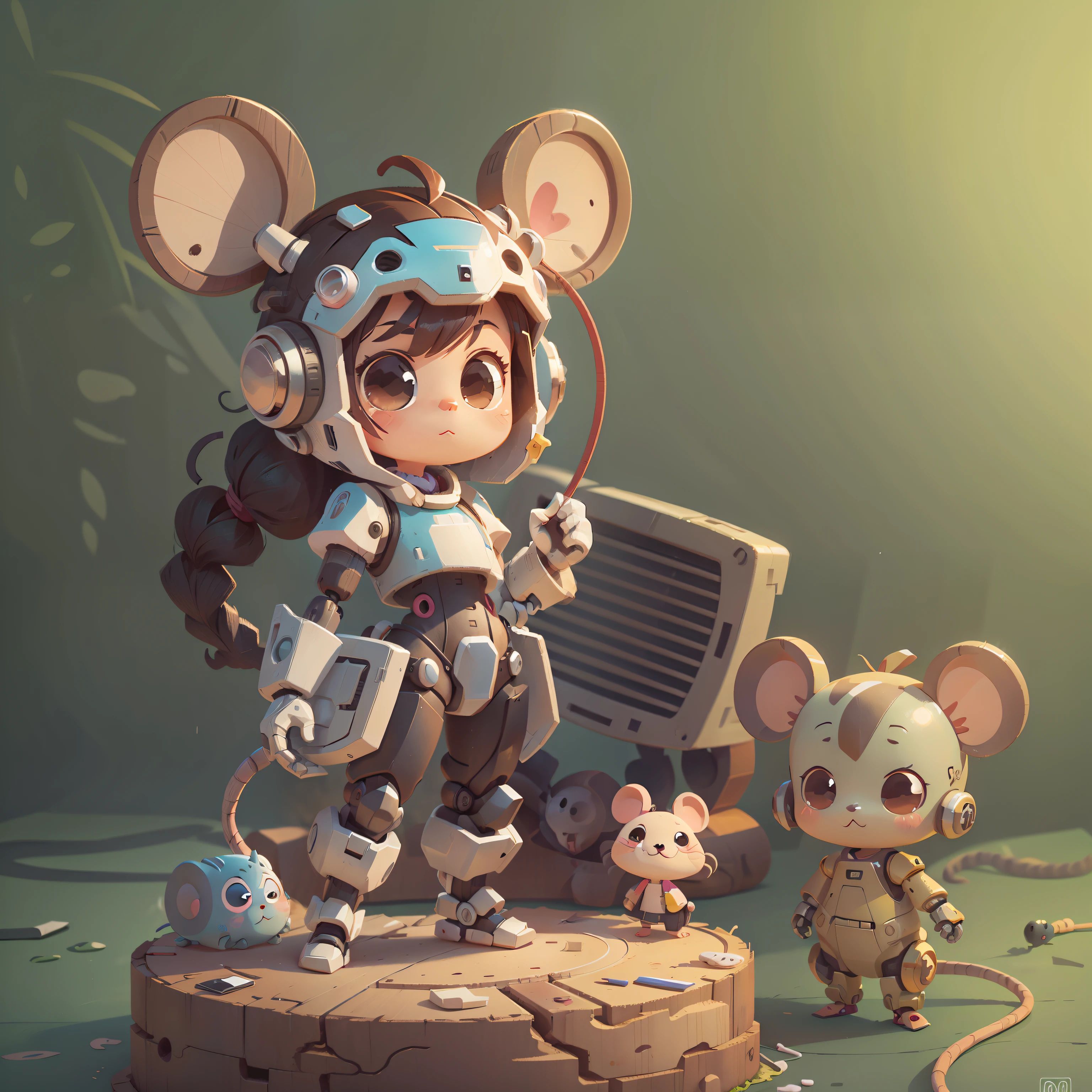 chibi, mouse, cute, robot, bigbadejo, full body, masterpiece, 3D Rendering, Best Quality, Lots of Detail, (plain background), vinyl toy figurine