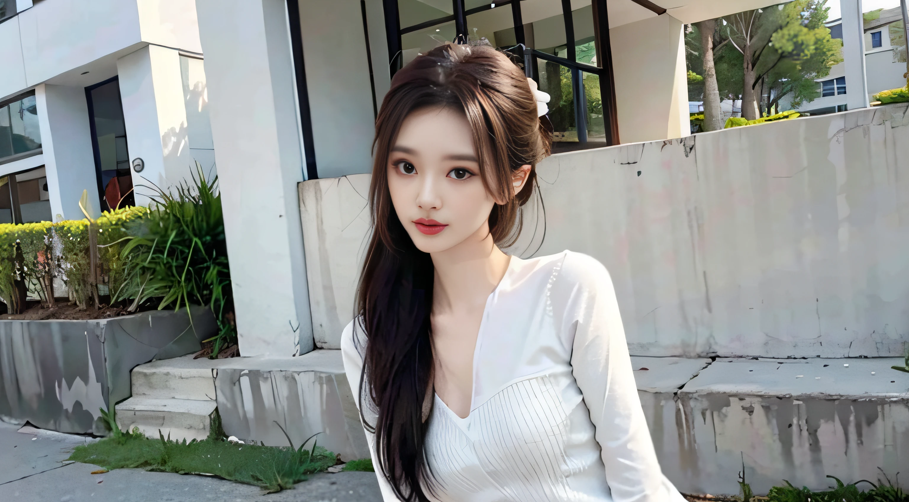 8K original photos，best qualtiy，tmasterpiece，超高分辨率，Natural skin texture，Realistic eye and face details，（looking at viewert，face to the viewer），'s plump lips，lipsticks，Red eyeshadow，beautifullegs，Tall women，Skinny，Skinny Thighs, 1girll, Solo, 校服, The shirt, White tights, Run in the street