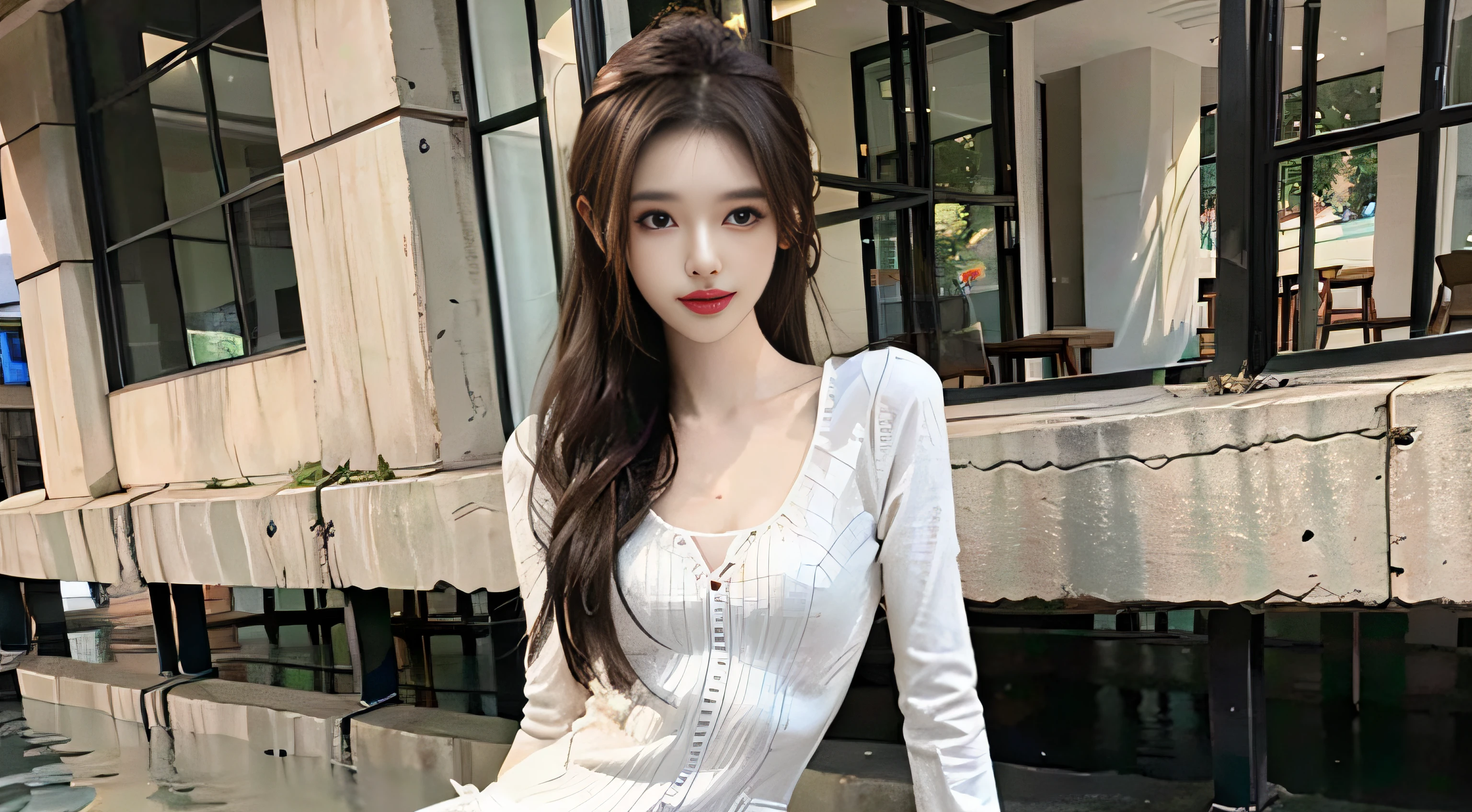 8K original photos，best qualtiy，tmasterpiece，超高分辨率，Natural skin texture，Realistic eye and face details，（looking at viewert，face to the viewer），'s plump lips，lipsticks，Red eyeshadow，beautifullegs，Tall women，Skinny，Skinny Thighs, 1girll, Solo, 校服, The shirt, White tights, Run in the street