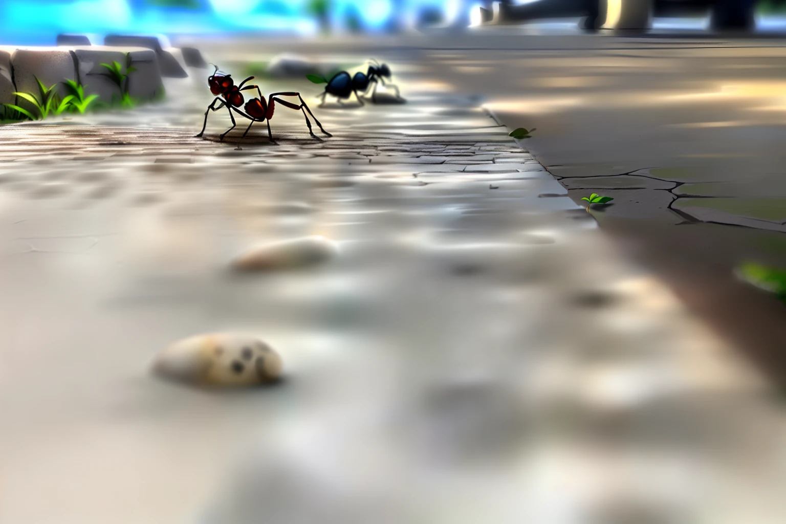 There is an ant that is carrying a green leaf down a path of white-painted stones, POV de uma formiga, perspectiva da formiga, Pairando sobre Ant POV, sentado em uma folha, Tiny creature made of a brick, que se parece com um inseto, inseto, Arrefecimento em uma folha, on sidewalk, perspectiva macro, on the concrete ground, Vista de formiga, on a large marble wall