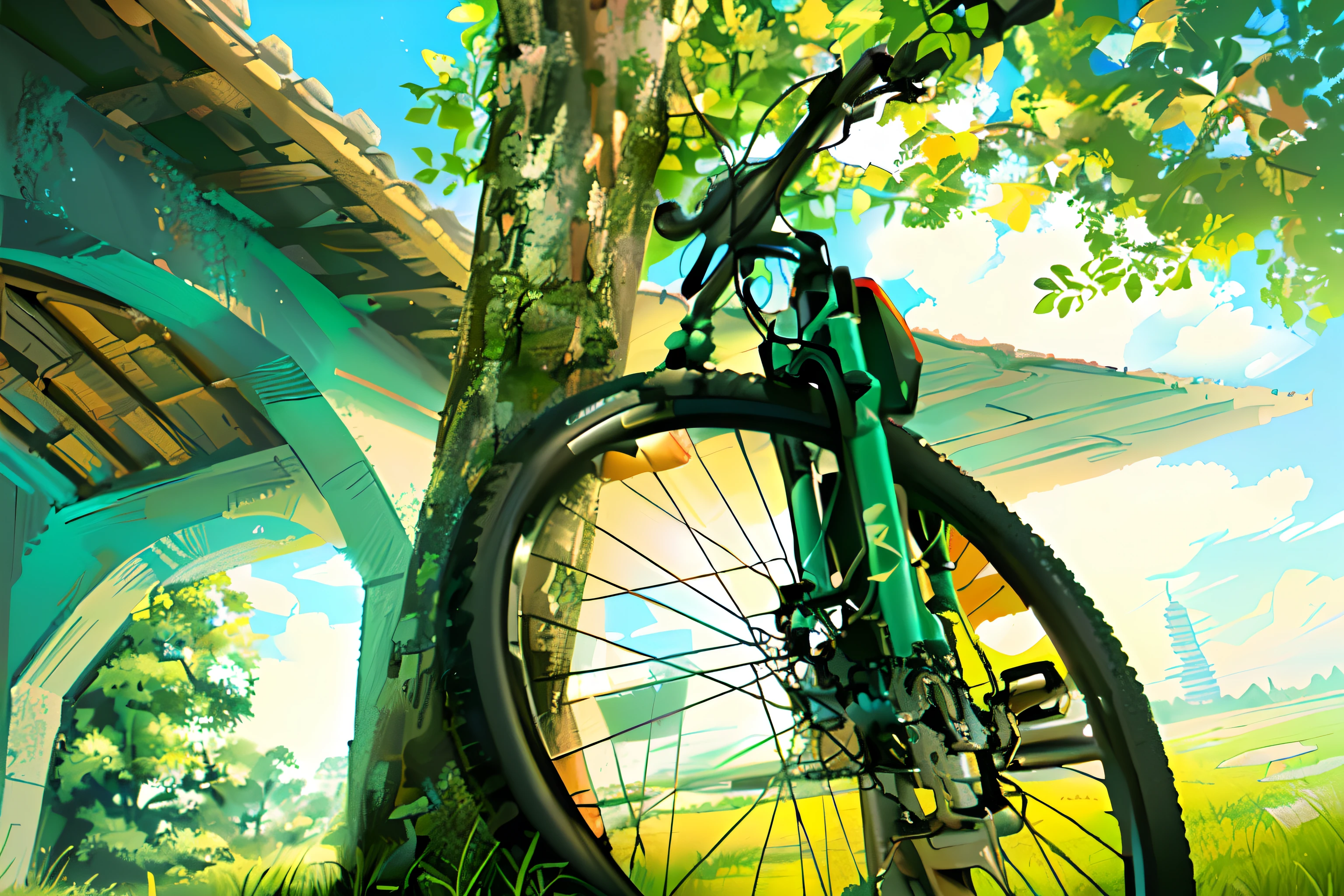 There's a bike that's leaning against a tree, bicicleta no fundo, extreme low angle shot, middle close up composition, Tiro no iPhone 1 3 Pro Max, Tiro em GoPro9, bicicleta, Extremely low angle, against the backdrop of trees, Low angle shot, extremely low angle long shot, morning hard light, low - angle shot, Low angle shot