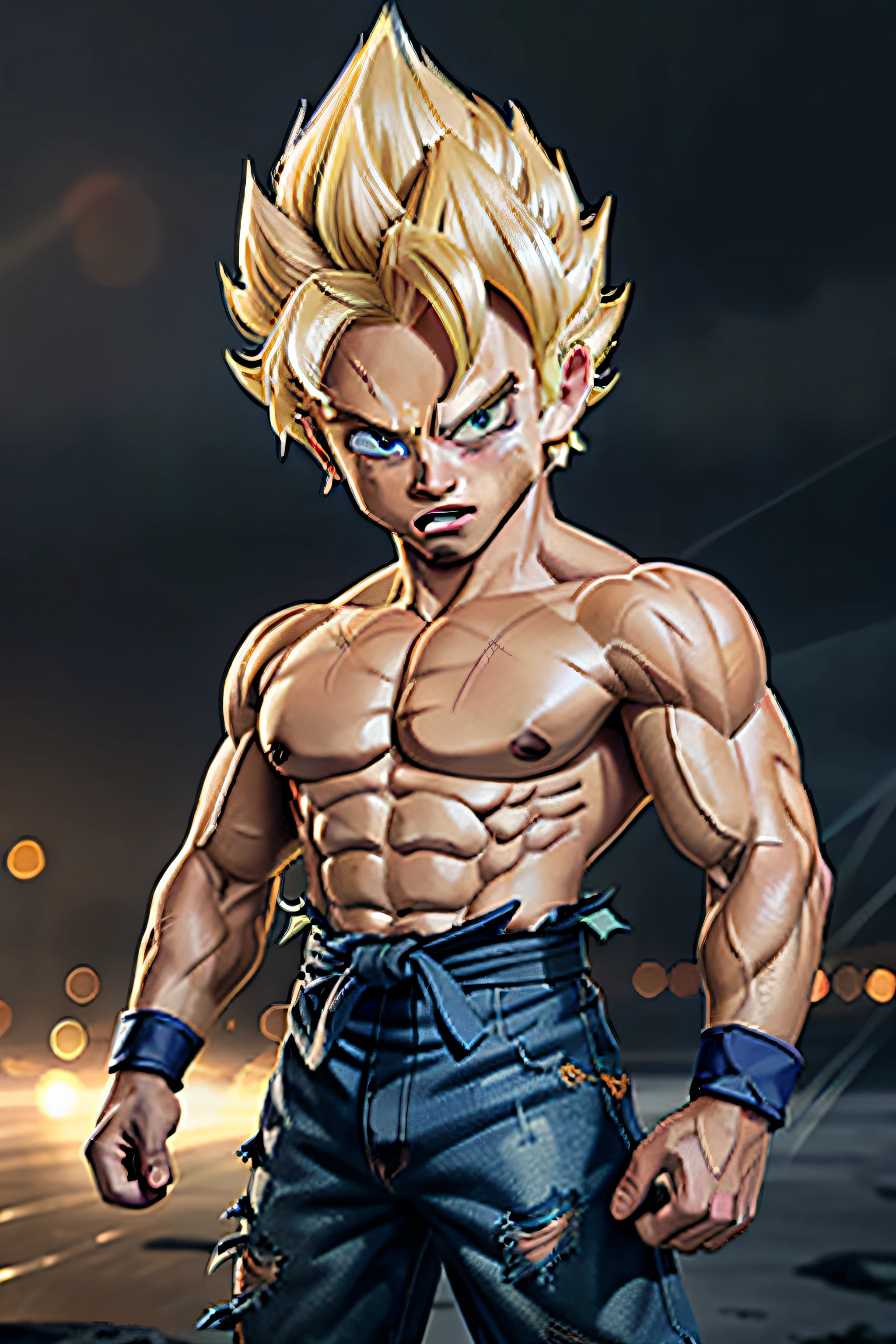 (masterpiece, best quality), intricate details, 8k, artstation, wallpaper, official art, splash art, storm in background, sharp focus, 1boy, (photorealistic:1.2) (bokeh) (best quality) (detailed skin:1.3) (intricate details) (8k) (detailed eyes) (sharp focus) son goku, angry, battle damage, blonde hair, blue sash, clenched teeth, furious, green eyes, male focus, muscular, muscular male, pectorals, sash, solo, spiked hair, super saiyan, super saiyan 1, teeth, topless male, torn clothes, wristband,