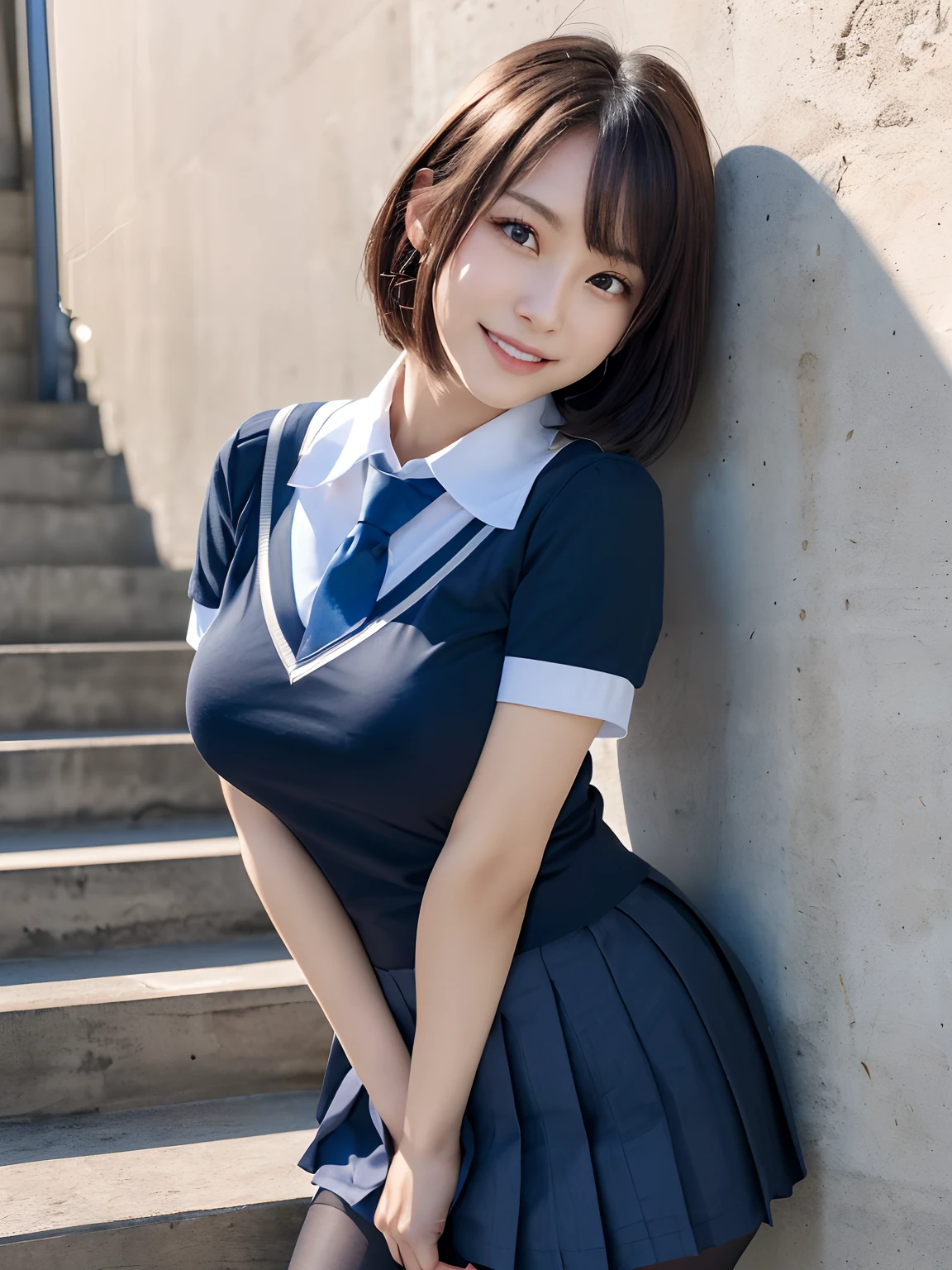 flower garden, BREAK (uniform:1.2), show nipple, (large breasts:1.2), short hair, from side, happy smile, see-through