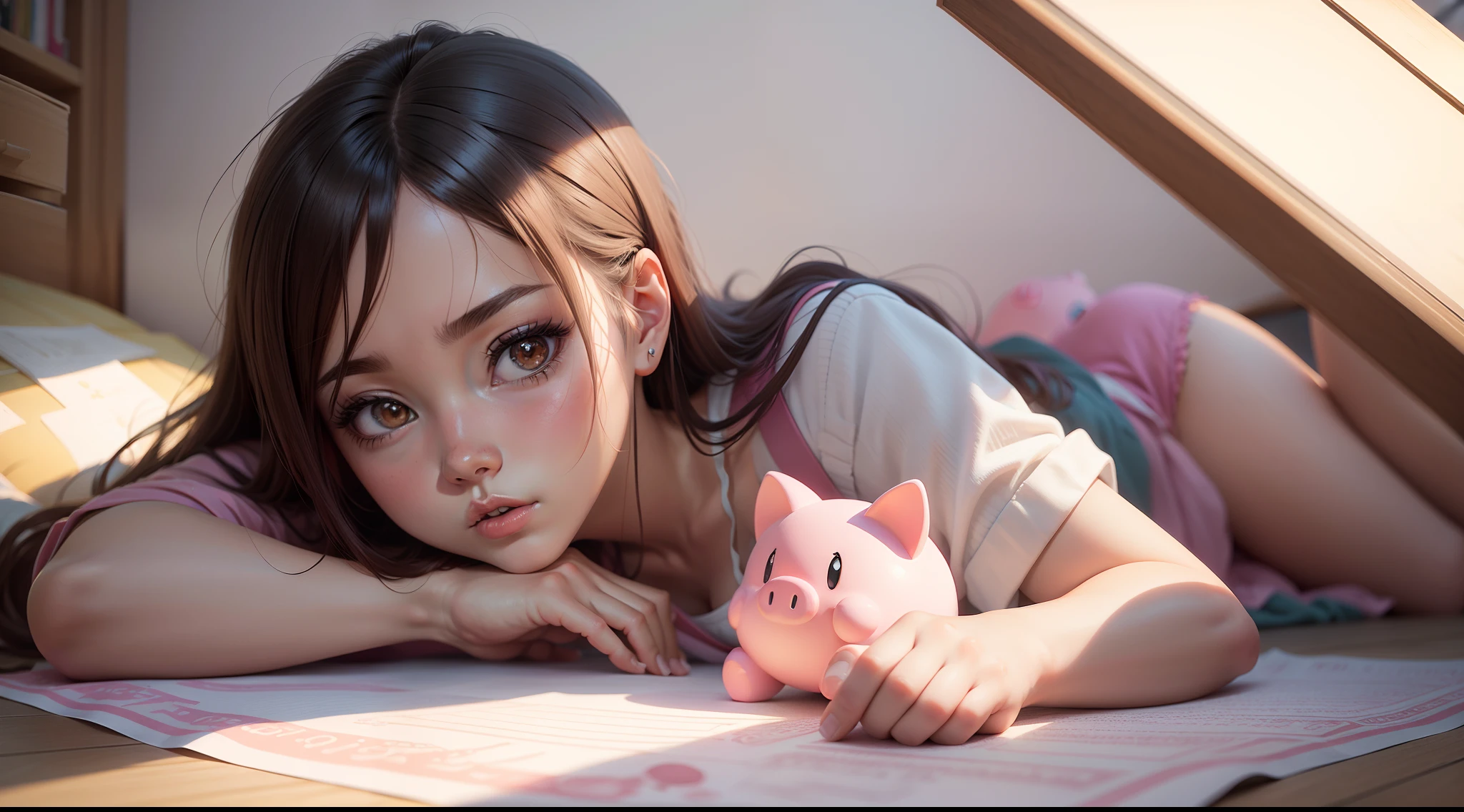 There's a girl lying on the floor reading her book and a pink kirby-style piggy bank from nintendo.., Estilo de anime 3D realista, 3 d anime realista, arte cg anime suave, photorealistic anime girl rendering |, anime fotorrealista |, Realismo de anime, anime. soft lighting, Arte de anime realista, Estilo Realismo Anime, kawaii retrato realista, realistic anime art style, Digital anime illustration