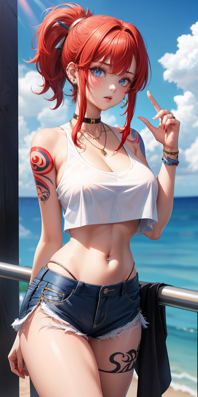 1 girl, solo, only one girl ,red hair, short ponytail, blue eyes, crop top, bare shoulders, necklace, piercings, big boobs,belly tattoo,Hand tattoo