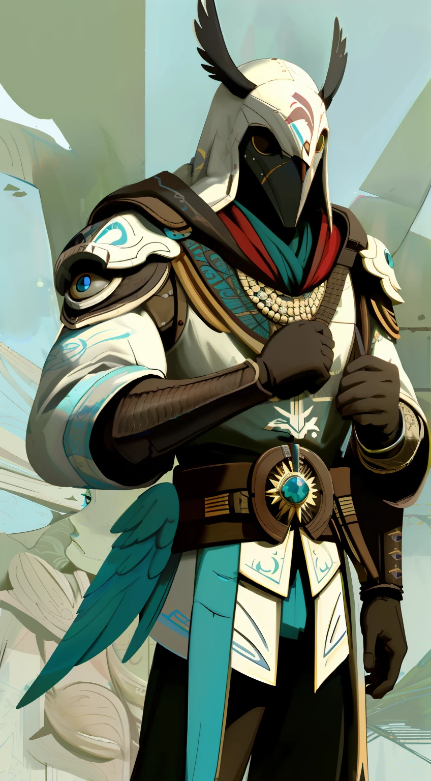 "personagem masculino, Using hawk head eye mask with realistic details, vestindo um casaco comprido com capuz em estilo assassins creed, capa longa de penas, cores Branco e azul celeste, combatente noturno, bounty hunter."