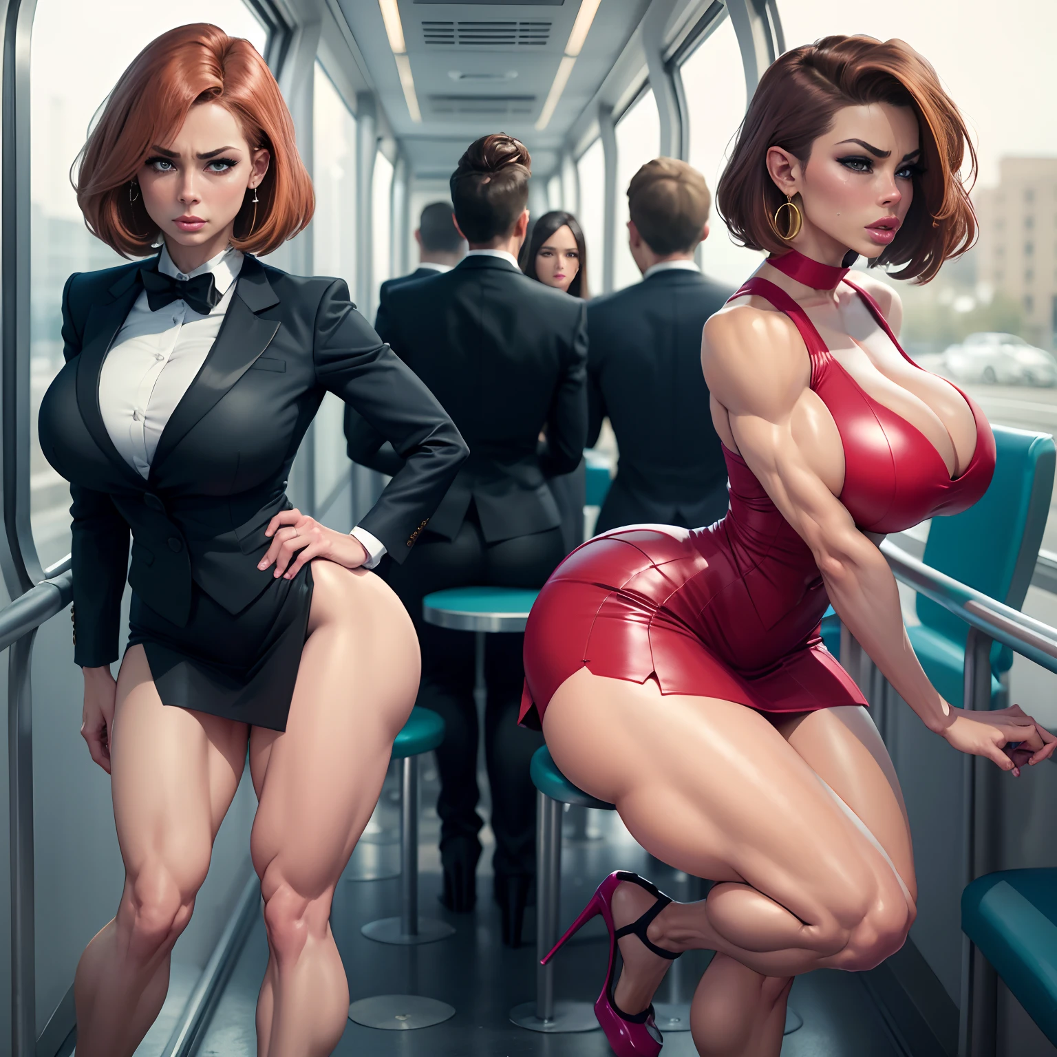 Redhead, Bob haircut, sexy secretary, muscular legs, muscular calves, Strong legs, muscular hips, wide thighs, Curvy hips, A full body shot, high-heeled sandals, tights in a net, Stiletto heels, Women's business suit with a short skirt, large ring earrings, He really wants to pee, On the bus, wants to pee, desperately wants to pee, wants to urinate, An expression of shame on his face, confusion, Desperation on the face, crying, pinches the crotch with his hand, crumples the hem of the skirt with his hands, Knees clenched together, Tense posture, bites his lower lip, full bladder, terribly wants to go to the toilet, anatomically correct, Realistic, side-view