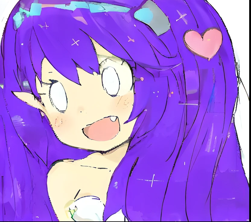 A drawing of a girl with purple hair and a heart on her head, Ella tiene el pelo morado, Estilo anime 2D, Anime Moe Artstyle, Hecho con Clip studio paint, anime artstyle, Sombreado plano estilo anime, en un estilo anime, anime girl with cosmic hair, degradado de color, degradado azul, colormix, cabello extremadamente largo, chibi, sonrisa amplia, colmillo, orejas de elfo, obra de arte, estilo lindo chibi, corona de flores