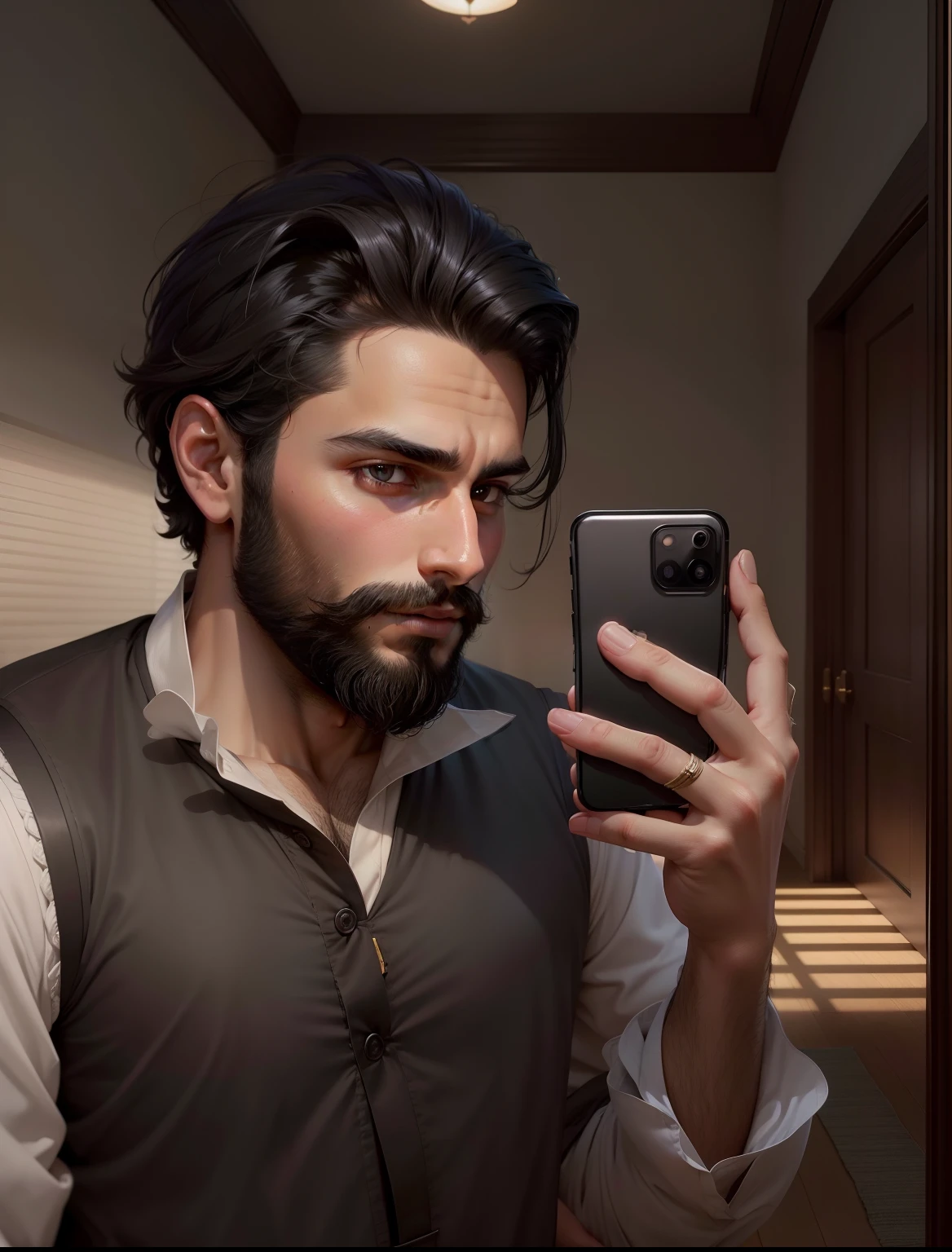 very handsome charming so good looking boy with a beard and medium black hairs wearing a light color shalwar kamez taking a mirror selfie with iphone 14 pro ,ultra realistic ,8k , ultra HD resolution,
