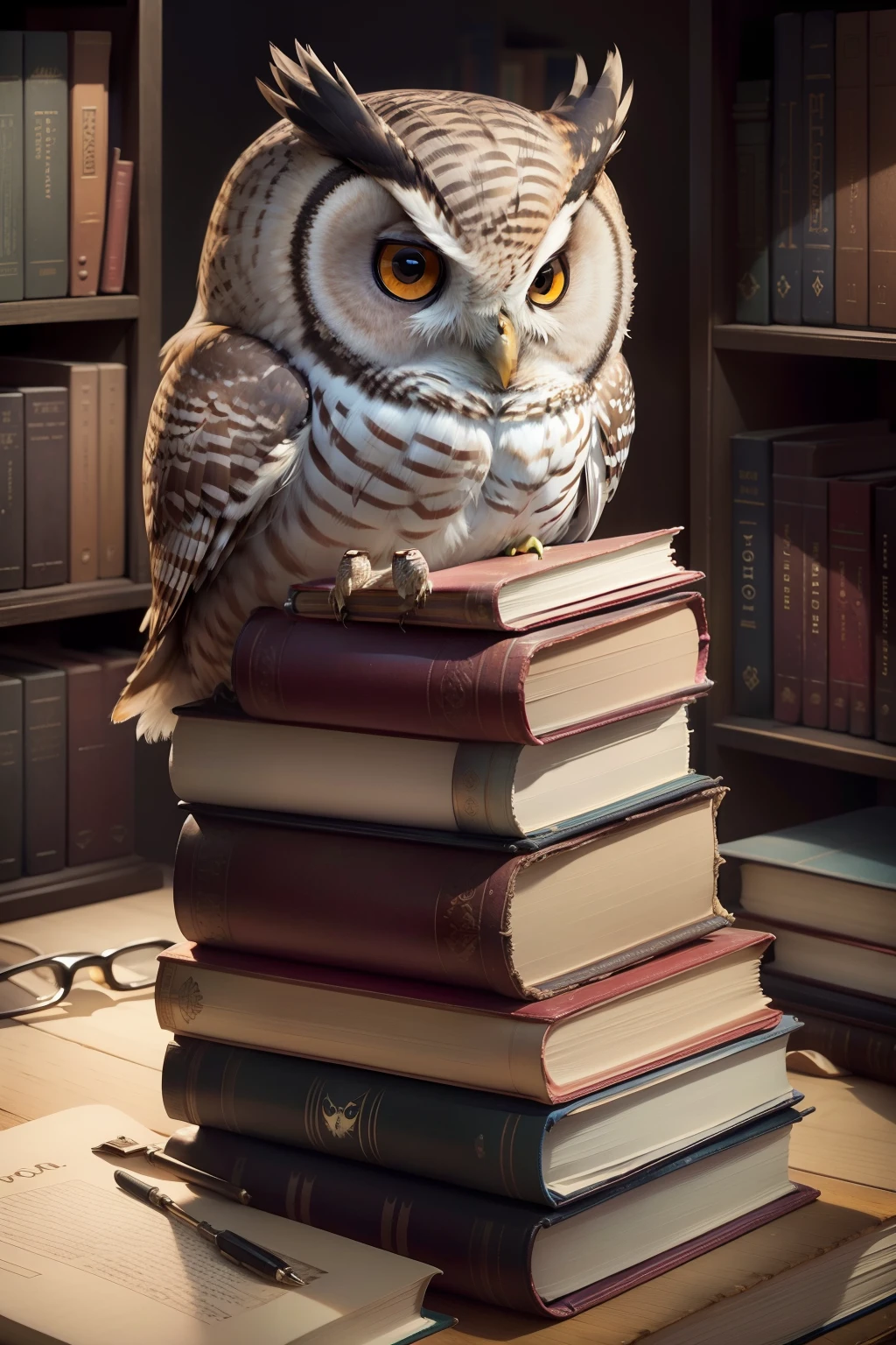 Owl with sympathetic face, posed in stack of books, realistic photo in high definition, background pages of books that fly