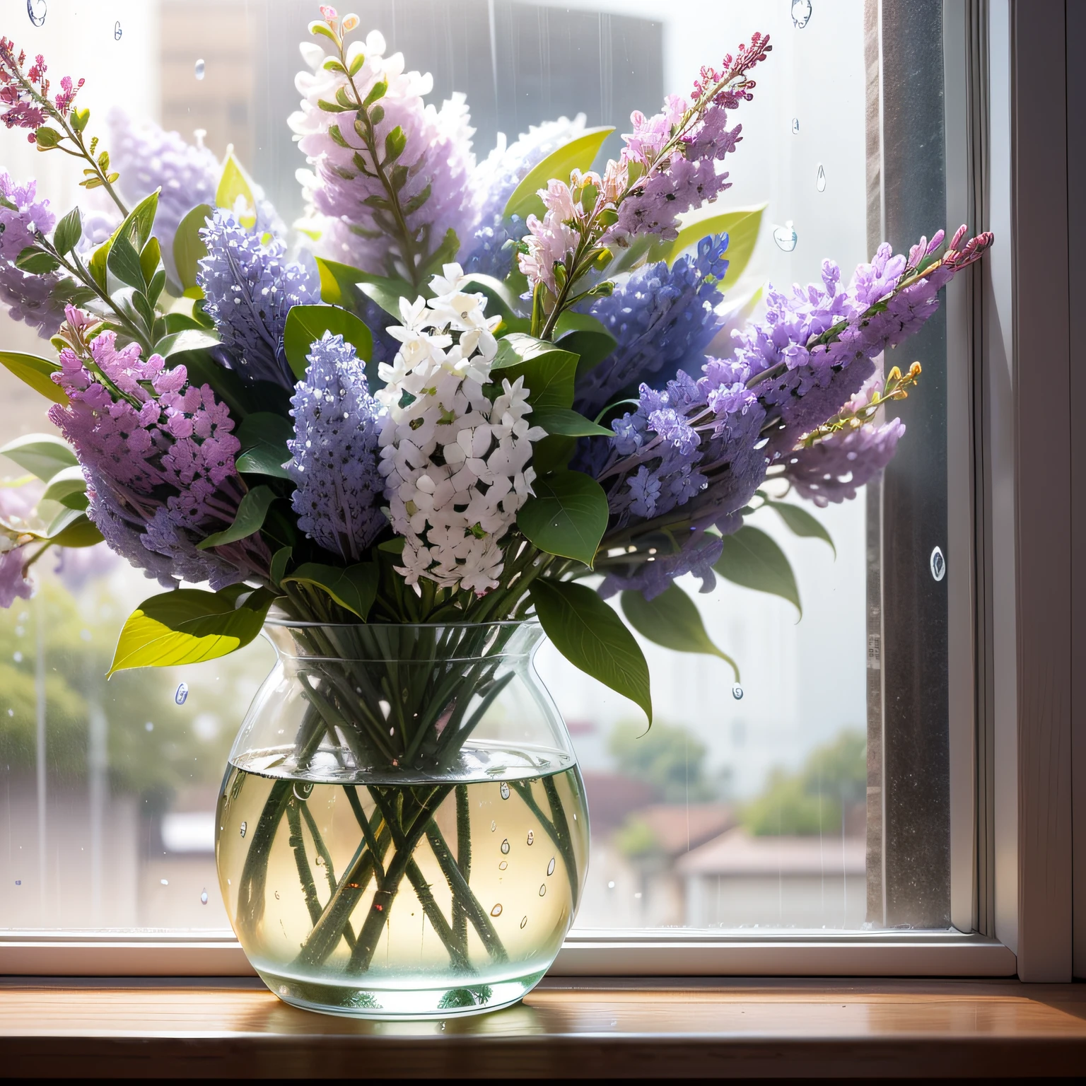 Image of a bouquet of lilacs in a transparent vase on the window, It's summer outside the window, jour, It's raining and raindrops are flowing beautifully down the glass
