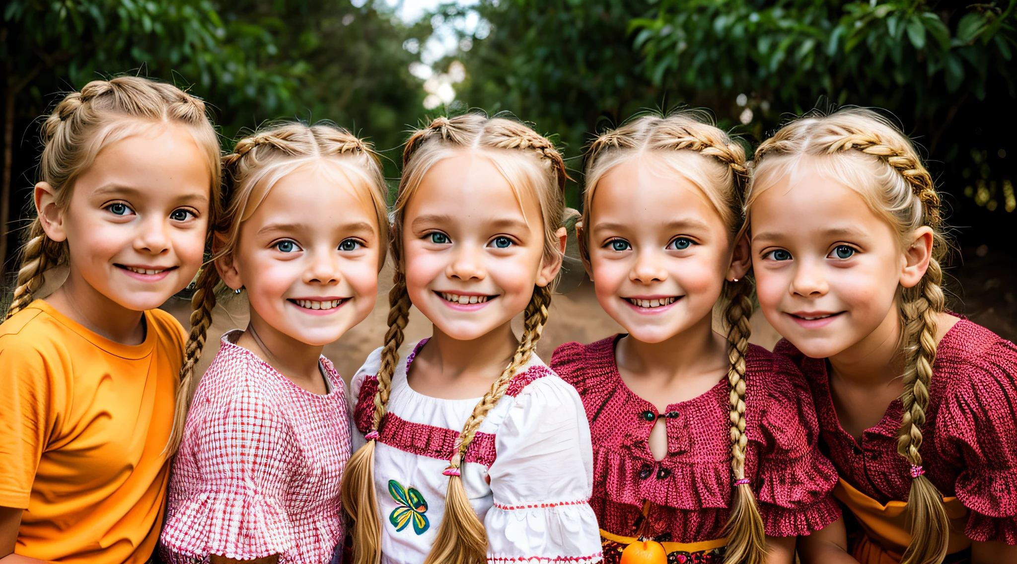 Three children blonde girls in braids with portrait, numa fazenda, oranges.