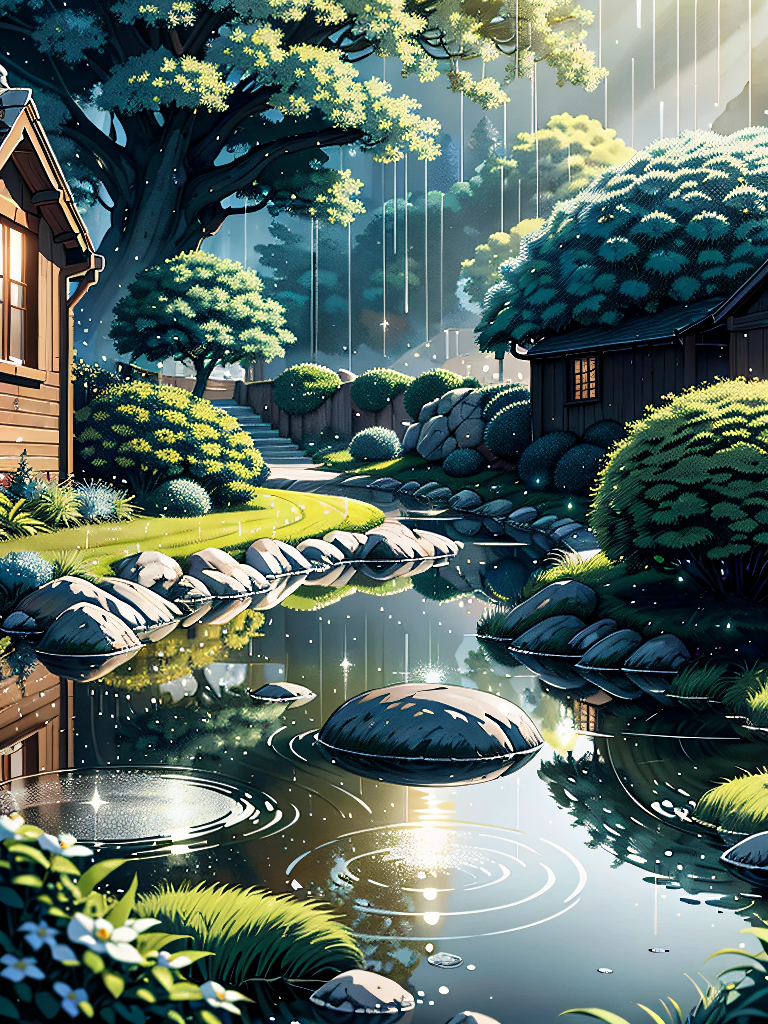 On a gray, rainy day in the small mountain village of Aetherbrook, the narrow streets glisten with rainwater, reflecting the muted sky above. The molded and grassy village path, made with broken stone, is adorned with sparkling water droplets, each one a miniature jewel of nature's artwork. The anime art style breathes life into the scene, as the raindrops dance through the air, capturing the essence of movement and energy. The lighting highlights the shimmering water droplets, creating a mesmerizing play of light and shadow. The camera style captures the intricate details of the village path, showcasing the rain-kissed stones and the lush greenery surrounding it. The render style accentuates the texture and translucency of the water droplets, evoking a sense of serenity and immersion in the rainy day ambiance. Step into this magical world, where every water droplet tells a story and the rainy day reveals its hidden beauty in Aetherbrook.