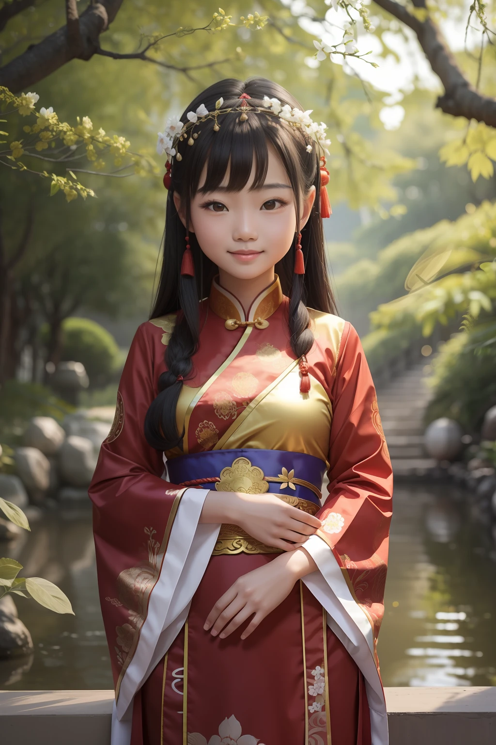 "A girl with an ancient Chinese style,Encare a lente,smile at the camera,SuaveSoftlighting,Put your hands together and pray,Wear a garland on your head,A menina em Hanfu, Menina chinesa nova, Menina chinesa, menina jovem bonito, Roupas budistas chinesas, Chinese Buddhist dress, Asian girl, vestindo roupas chinesas antigas, China Princesa, Menina menina fofa menina, A high resolution,4k"