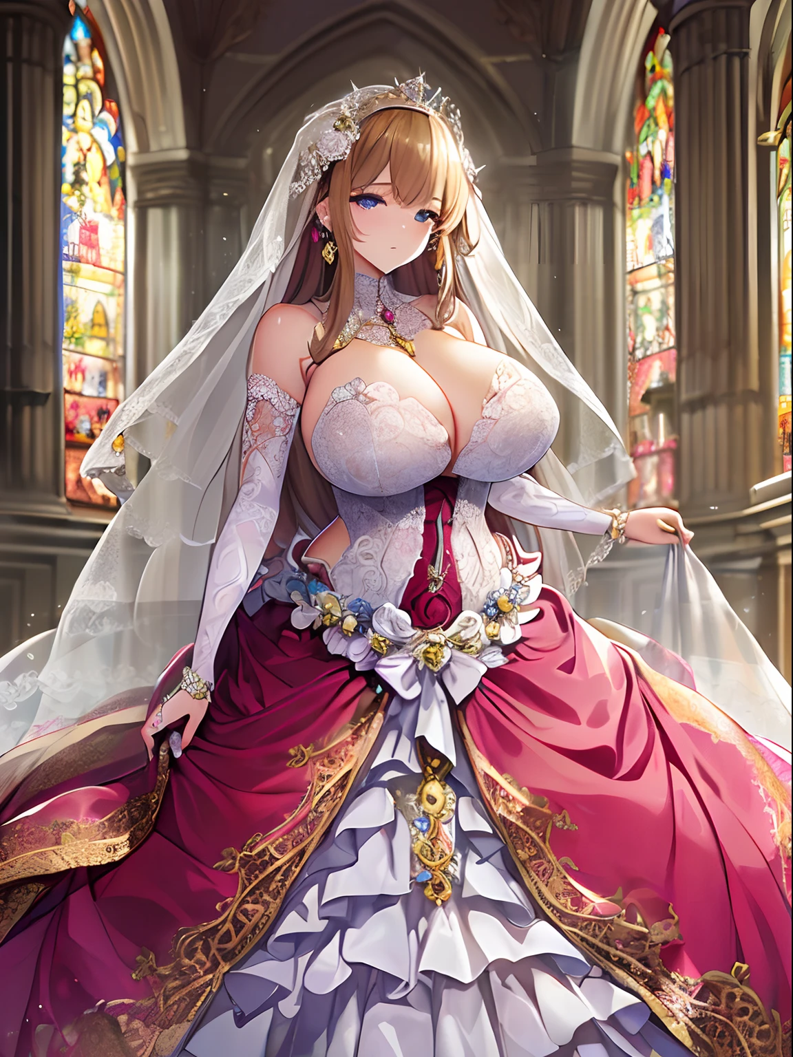 ((anime artstyle)),(Masterpiece),(Best Quality), (Super Detail),((Very Delicate and Beautiful)),Focus on character,Dynamic Angle,Looking at viewer,((Solo)),standing,((full body)),((one princess in gorgeous ball gown wedding dress with voluminous skirt)),((June bride)),detailed face and eyes,jewel-like eyes,((Very Long voluminous Hair)),gorgeous embroidery and lace,((gorgeous corsage)),See-through,(Gorgeous jewelry ornaments),luxury hair ornament,luxury tiara with jewels,ornate ruffles,((gigantic breasts,Long breasts)),indoor,church wedding,((full body)),hoop skirt,crinoline,very long wedding veil,(((fusion of jeweled wedding dress and gorgeous embroidery rococo ballgown))),