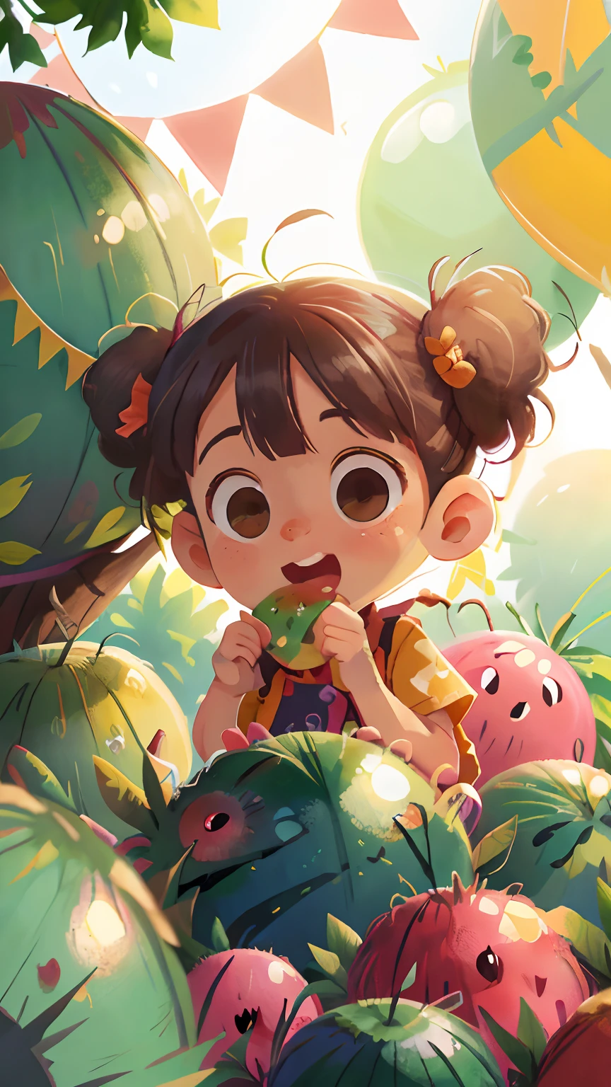 A girl,eat watermelon , zoo, many balloons, happy, happy, perfect quality, clear focus (clutter - home: 0.8), (masterpiece: 1.2) (realistic: 1.2) (bokeh) (best quality) (detailed skin: 1.3) (intricate details) (8K) (detail eyes) (sharp focus), (happy)