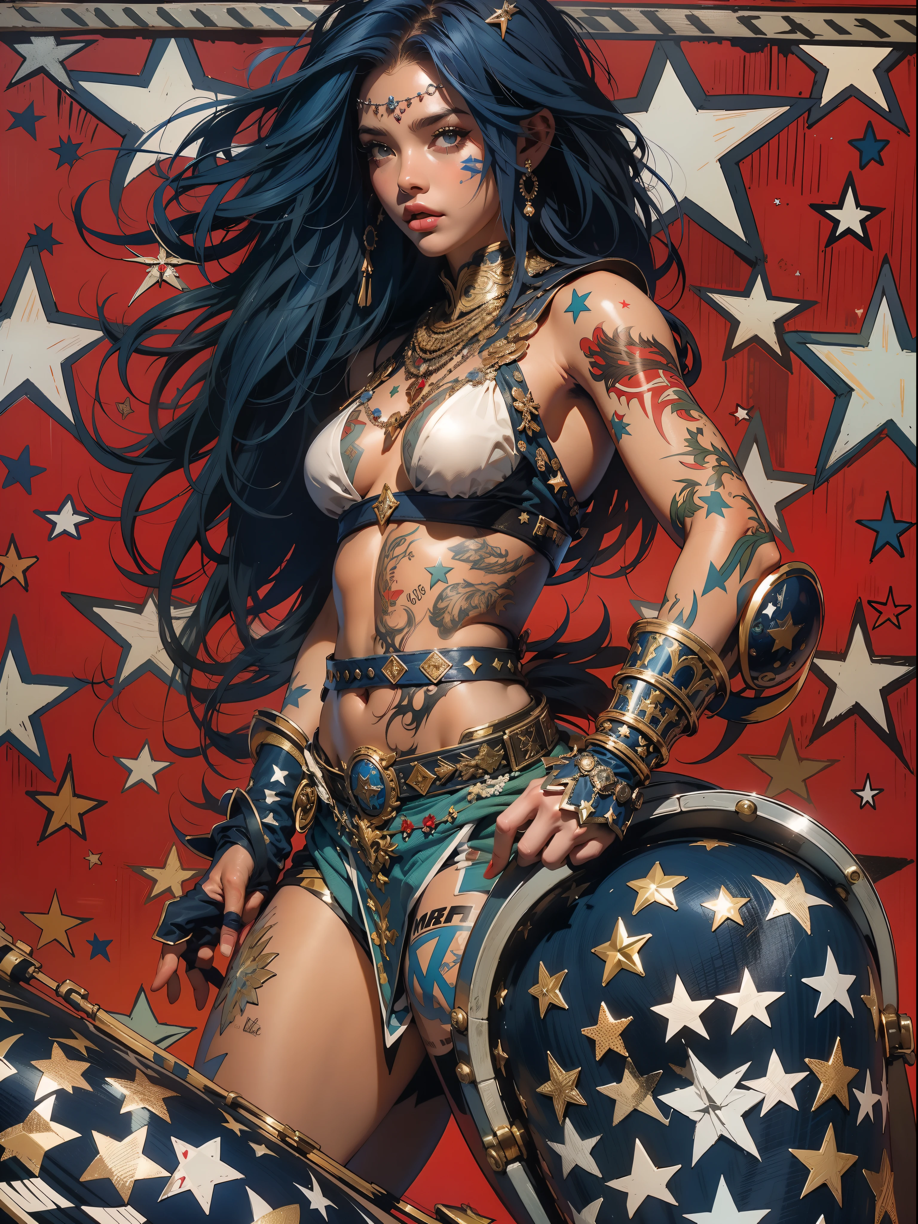 (((mulher))), (((melhor qualidade))), (((obra prima))), (((adulto))), Uma guerreira mulher de 35 anos com corpo perfeito, Gladiadores do Brooklyn, (( sob os peitos )), quase nua no estilo selvagem urbano de Simon Bisley para a capa da revista Heavy Metal, cabelo loiro, Minimum clothing, Dark blue with white stars and red and white checkerboard pattern, armadura, cheio de pontas e rebites, tatuagem tribal, (((do joelho pra cima))), cabelo desalinhado