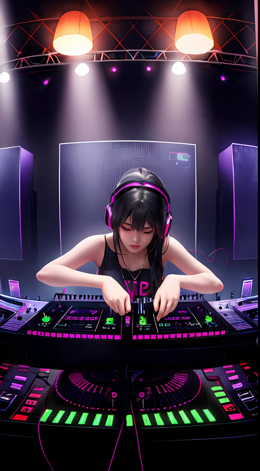 masterpiece, wlop, Complex Detail, 1 girl, female dj, dj, headphone, synthesizer, inside a club, disco light, disco lamp