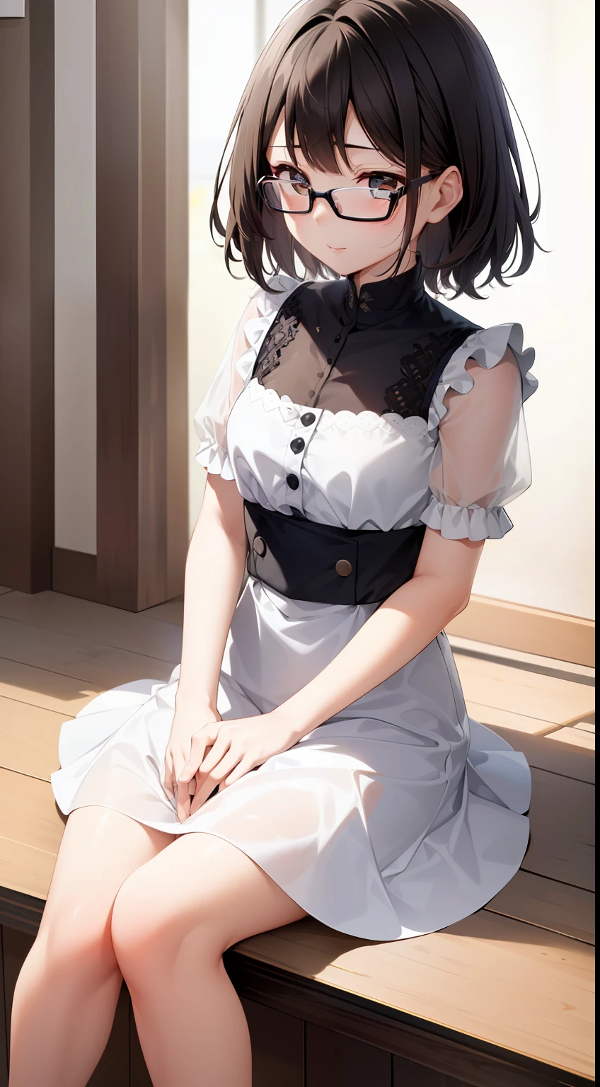 masterpiece、8K、Raw photography、(reallistic:1.4)、High-definition mouth、The eyes are high definition、Shiny skin、big eye、Round face,Double eyes、Puffy eyes、Medium-breasted women, (Bob Hair:1.4)、Long、half-opened mouth、Provocative facial expressions、One lady、18-years old, selfee、sad Facial expression、huge window、sitting on、Hands behind the head、The upper part of the body、Woman with glasses、Lace curtains blowing in the wind、Woman in white tank top、Rough clothing、film grains、Movie Light、
