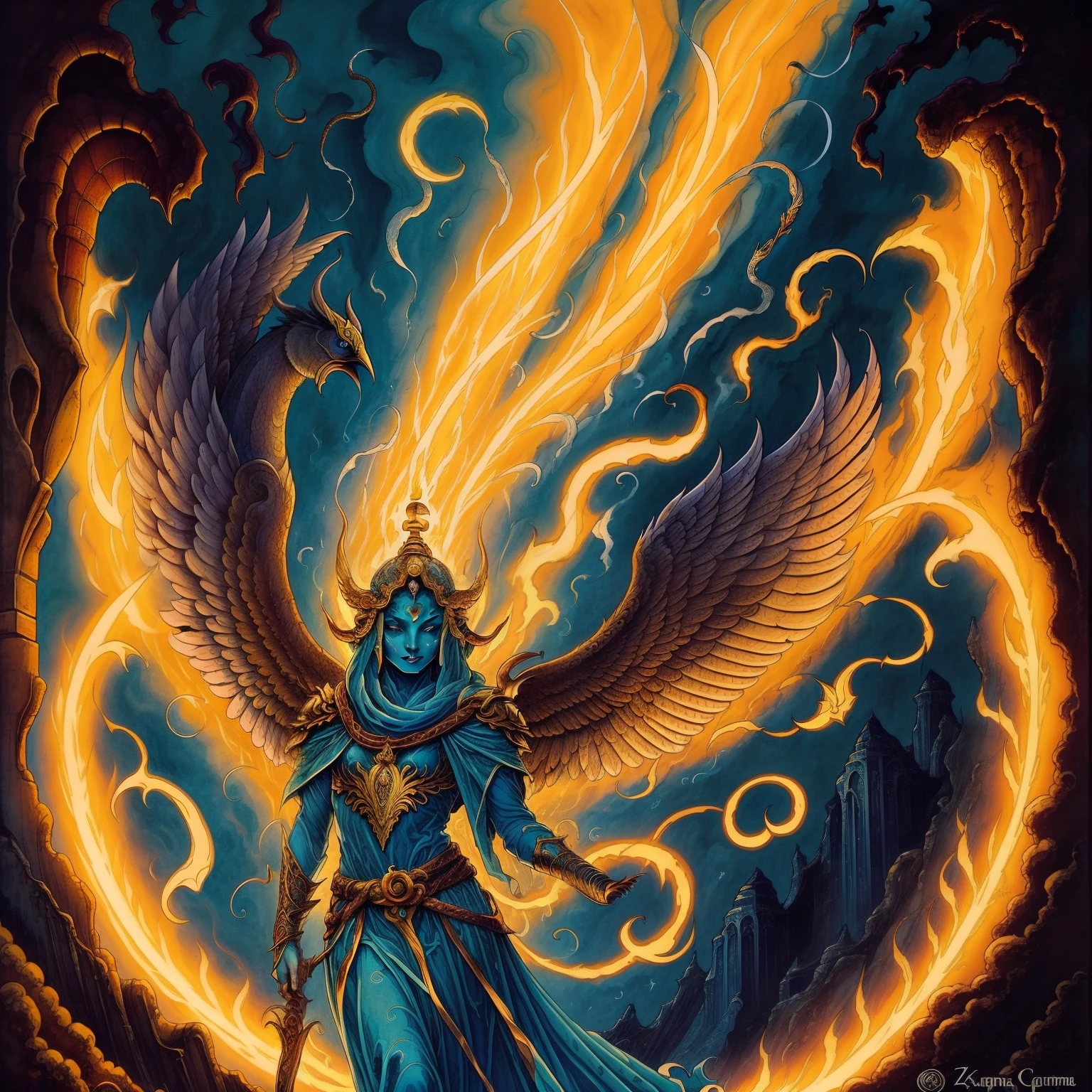 The symbol of Kazma combines a majestic bird with wings entwined by a serpent, representing the relationship between the Goddess Arace and her guardian daughter of the gates of Iti. The wings open to a celestial scenery, symbolizing the passage of souls to heaven. Details in sky blue and gold highlight the connection between the earthly and spiritual realms, Creating a mysterious representation, Faith and transcendence.