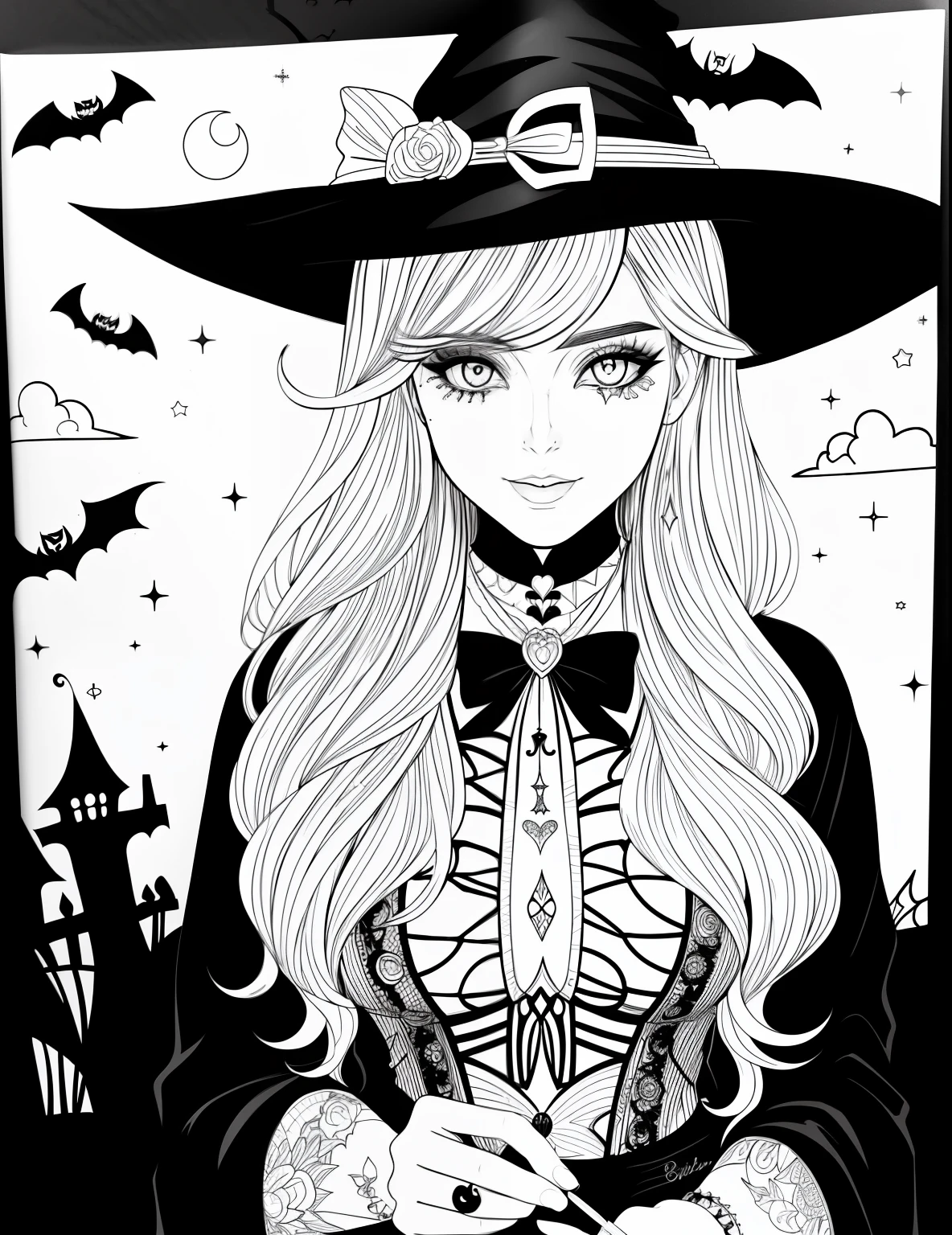 A coloring page with a girl and a cat in a Halloween scene, beautiful witch spooky female, line art colouring page, Retrato de uma jovem bruxa, Bruxa bonita com cabelo longo, black and white coloring, beautiful witch female, coloring book outline, Retrato de uma jovem bruxa, bruxa feminina bonita, clean coloring book page, bela arte de linha, arte vetorial em preto e branco