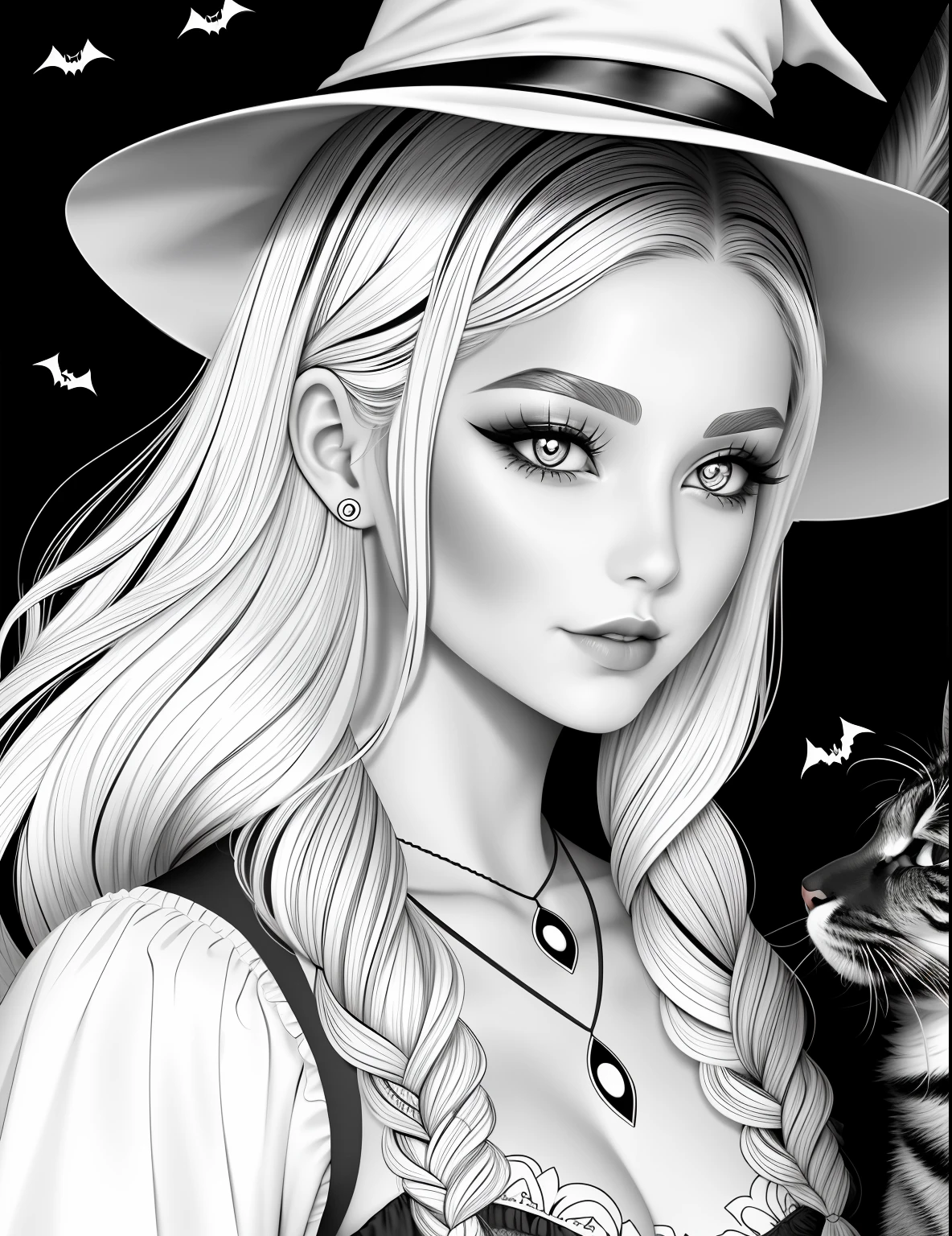 A coloring page with a girl and a cat in a Halloween scene, beautiful witch spooky female, line art colouring page, Retrato de uma jovem bruxa, Bruxa bonita com cabelo longo, black and white coloring, beautiful witch female, coloring book outline, Retrato de uma jovem bruxa, bruxa feminina bonita, clean coloring book page, bela arte de linha, arte vetorial em preto e branco