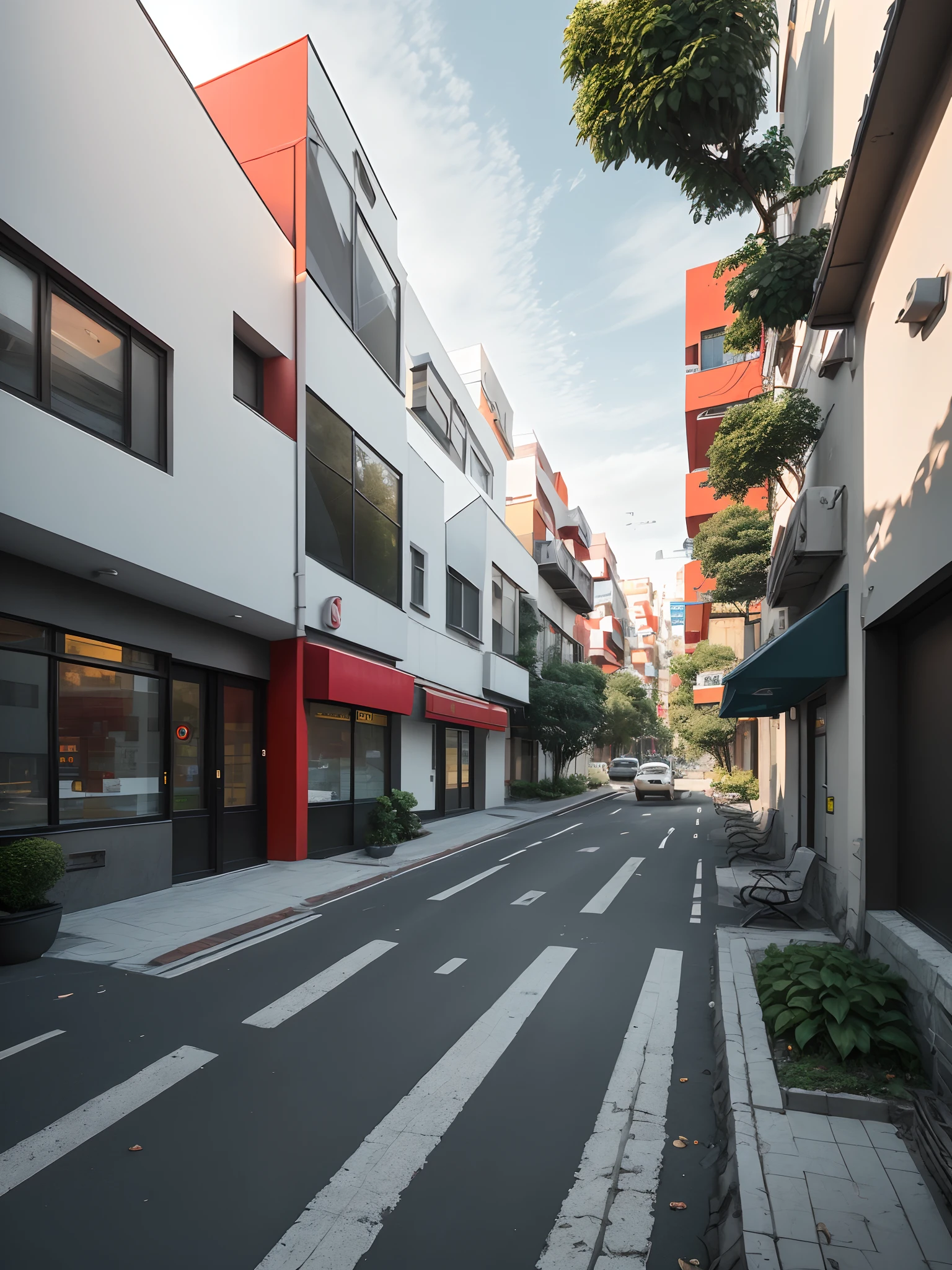 Create professional 8K design renders that transports viewers to the abandoned a pedestrian way with the width of 12 meters. Use a low camera angle to capture the grandeur of crumbling structures. Add elements of nature invading the buildings, such as creeping plants and trees growing through the cracks. Apart of street belongs to bike lane. bus stops and benches exist along the road, this street must have 3 lanes and all the street is surrounded with micro commercial land uses in ground floor and residential houses with two to tree floors height. The street is full of people. The walls should be clean and with new, modern and white bright materials With modern iranian architectural buildings.