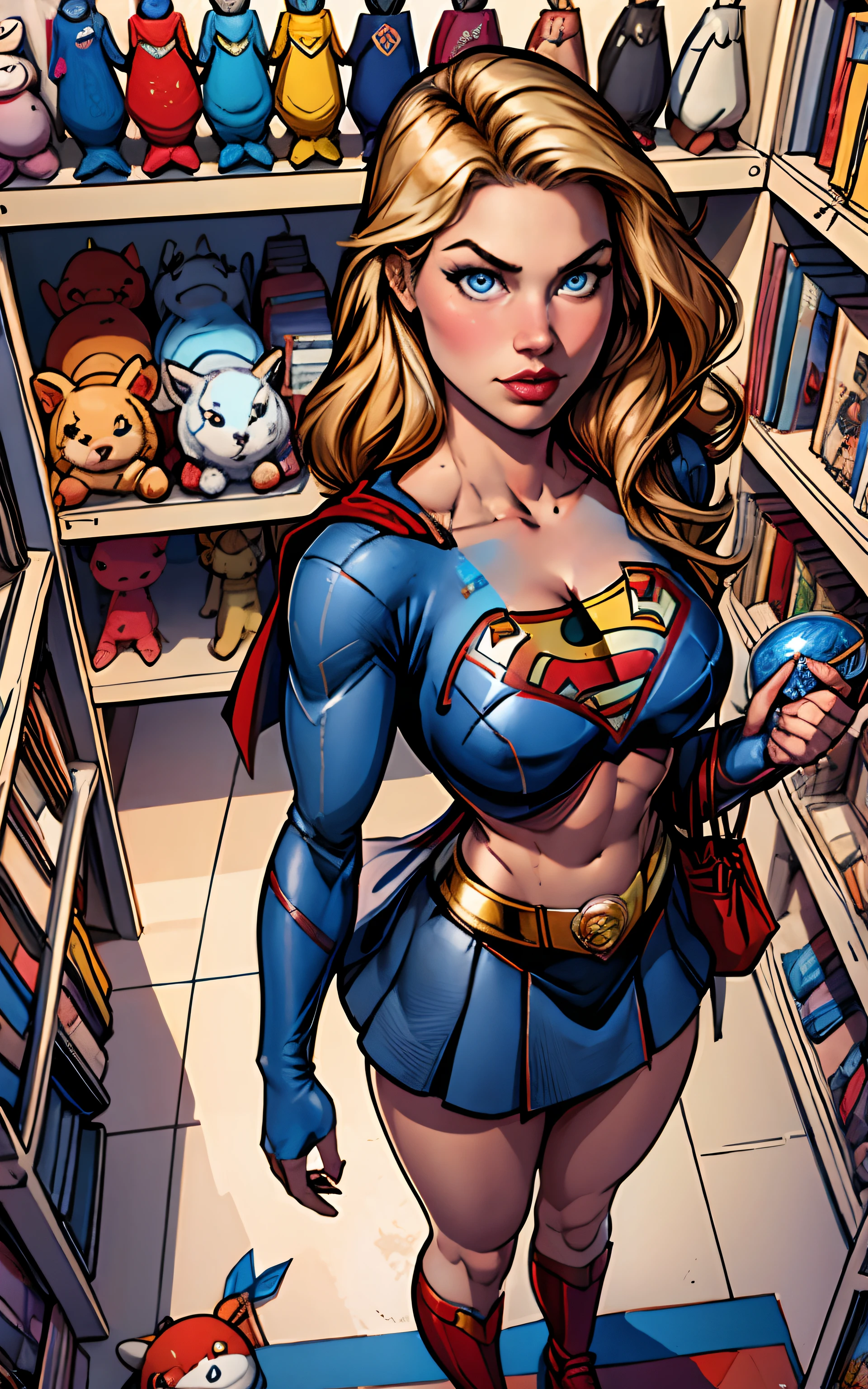 masterpiece, best quality, high detailed, colorful, from above, solo, realistic, Supergirl standing in a store with lots of stuffed animals on the shelves and a bag of stuff, blue eyes, fisheye lens