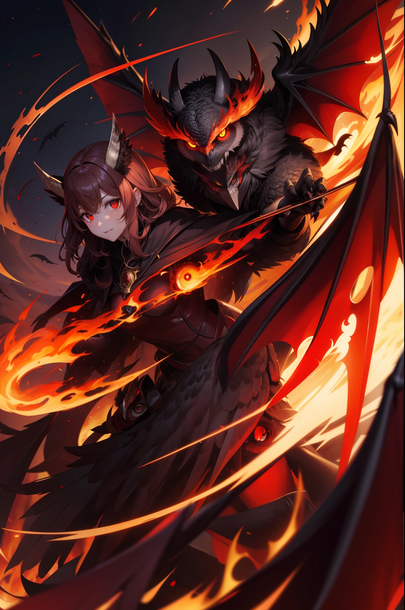 Owl,(Demon),fire,evil,red eye,big wings,realistic 4k