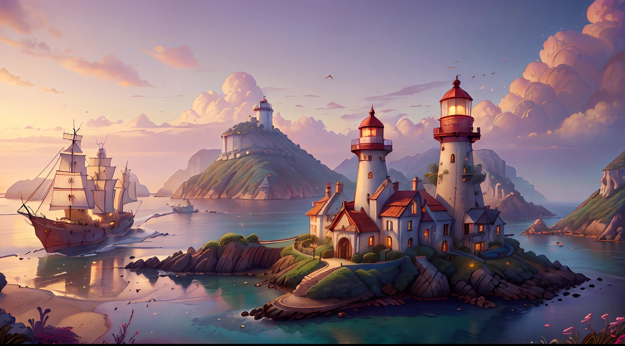 "(Fantasy city: 2), (stunning coast, beautiful sandy beach) (1 frigate at sea: 0.7), (1 lighthouse: 0.5), dawn, WALLPAPER, (((masterpiece))), (best quality), (ultra-detailed), detailed and intricate, elegant, ornate"