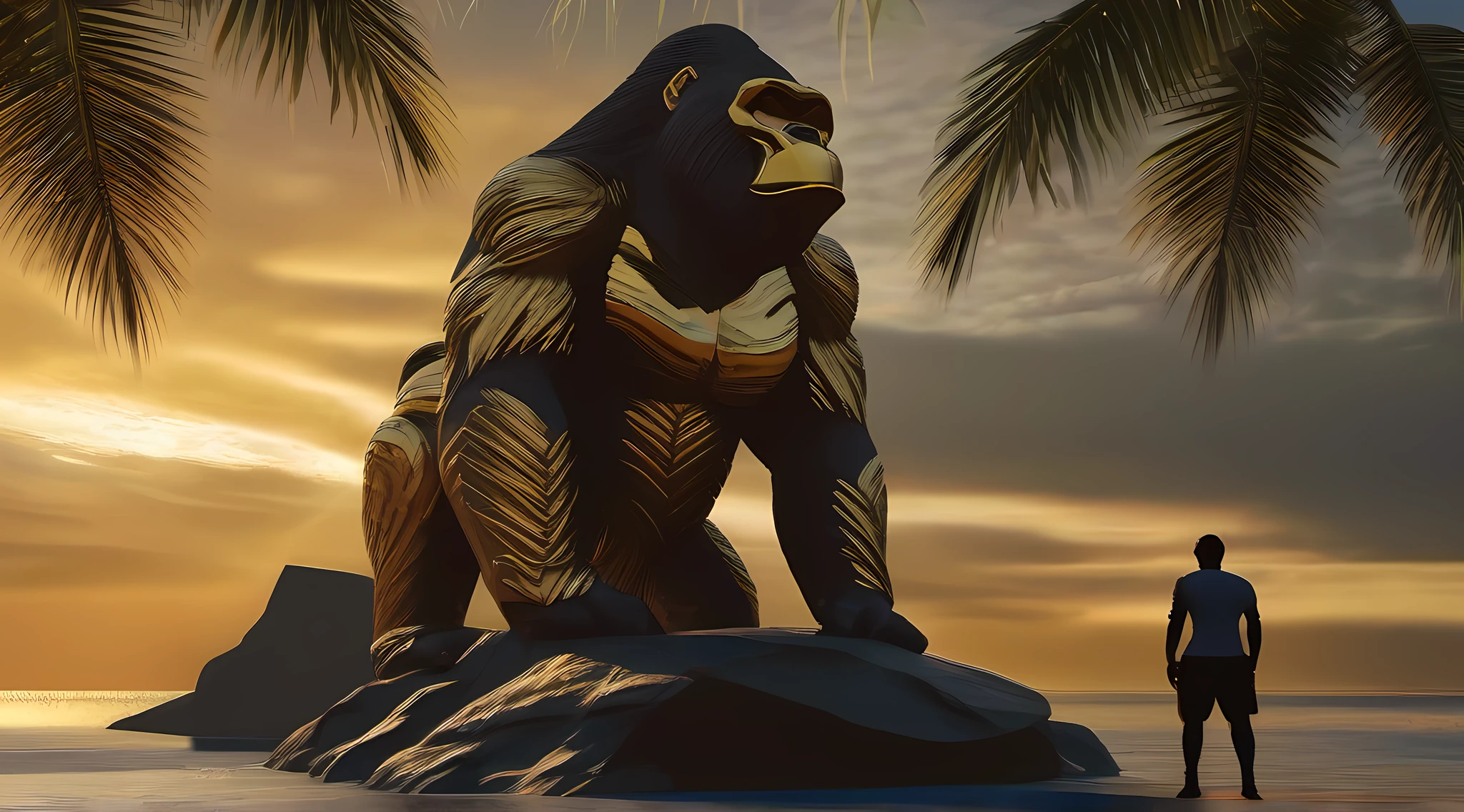Gold statue of a giant gorilla, on a prehistoric island, paradis, terra perdida, detalhes intrincados, luz do sol intensa, sombras perfeitas, 8k
