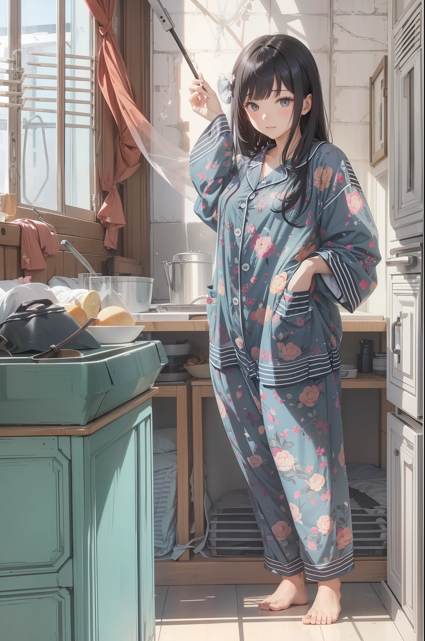 pajama, black long hair, good morning!