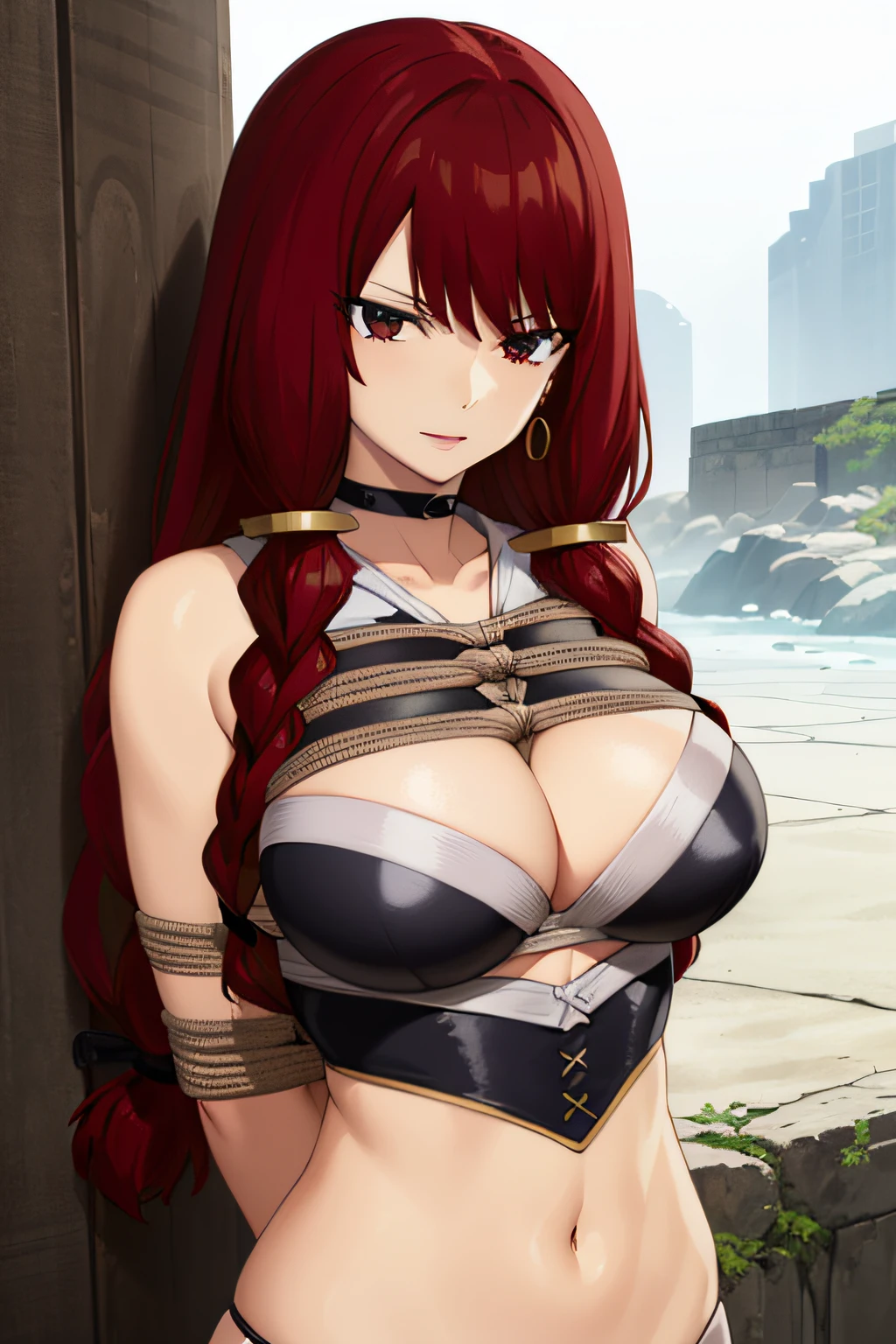 (masterpiece, best quality), highly detailed, highres, hdr, extremely detailed illustration, detailed face and eyes, irenebelserion, 1girl, solo, breasts, looking at viewer, navel, cleavage, (upper body:1.1), bikini, collarbone, ((((arms behind back)))) ((shibari), (fully tied up))), waist restraint, female in bondage