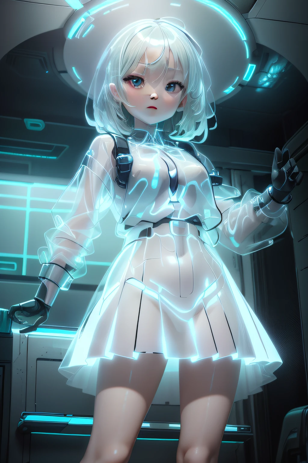 Dramatic, Ultra realistic translucent android without eyes, without nose, No mouth, and smooth, futuristic design, With a feminine figure, medium breasts, made of glass, ((semi transparent:1.5))、Shining lines on its body, Smooth and futuristic, No eyes, without nose, No mouth, Sleek and beautiful, scifi, Future design, Dramatic Lighting, nffsw, Ray traching