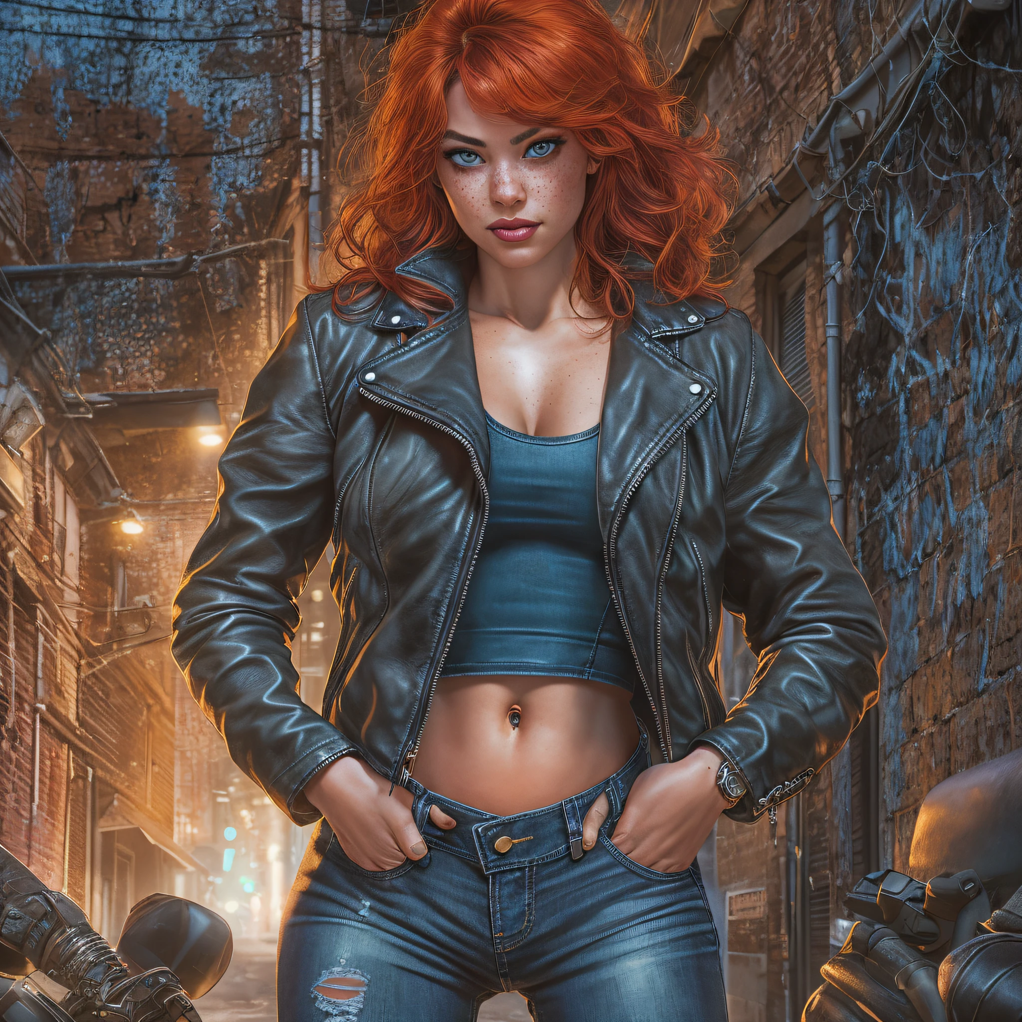 award winning photo, night, extremely detailed, amazing, fine detail, highly detailed woman, (extremely detailed eyes and face), full body, ((wide open black leather jacket)), (blue jeans), fitness, short red hair, freckles, by Frank Cho and Terry Dodson, wrist watch, (dark alley, dark night), (black heavy metal tanktop)