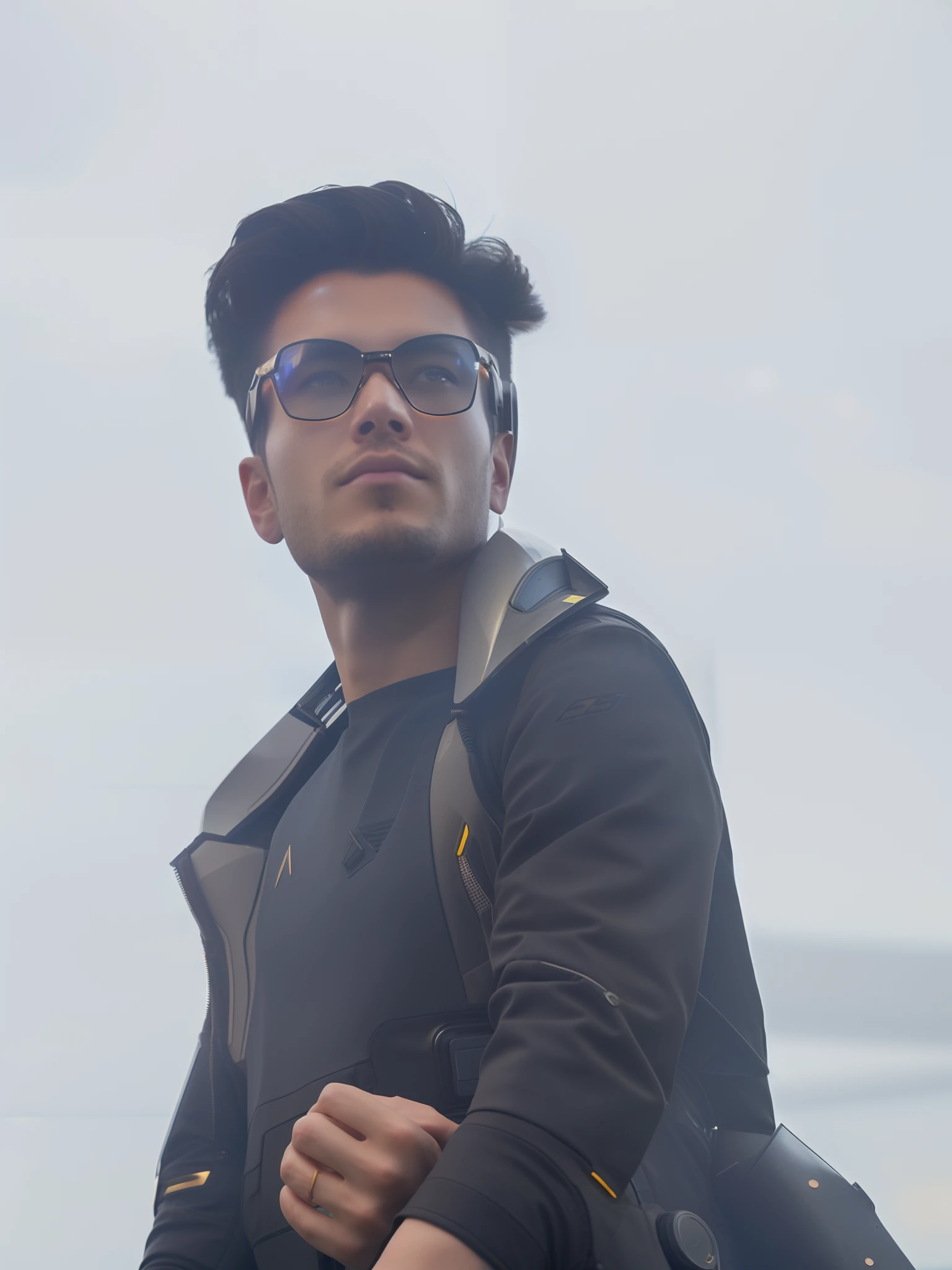 (ultra HD image), futuristic background landscape, in the sky a large airship, technological clothes, (sunglasses with bitcoin necklace) --auto --s2