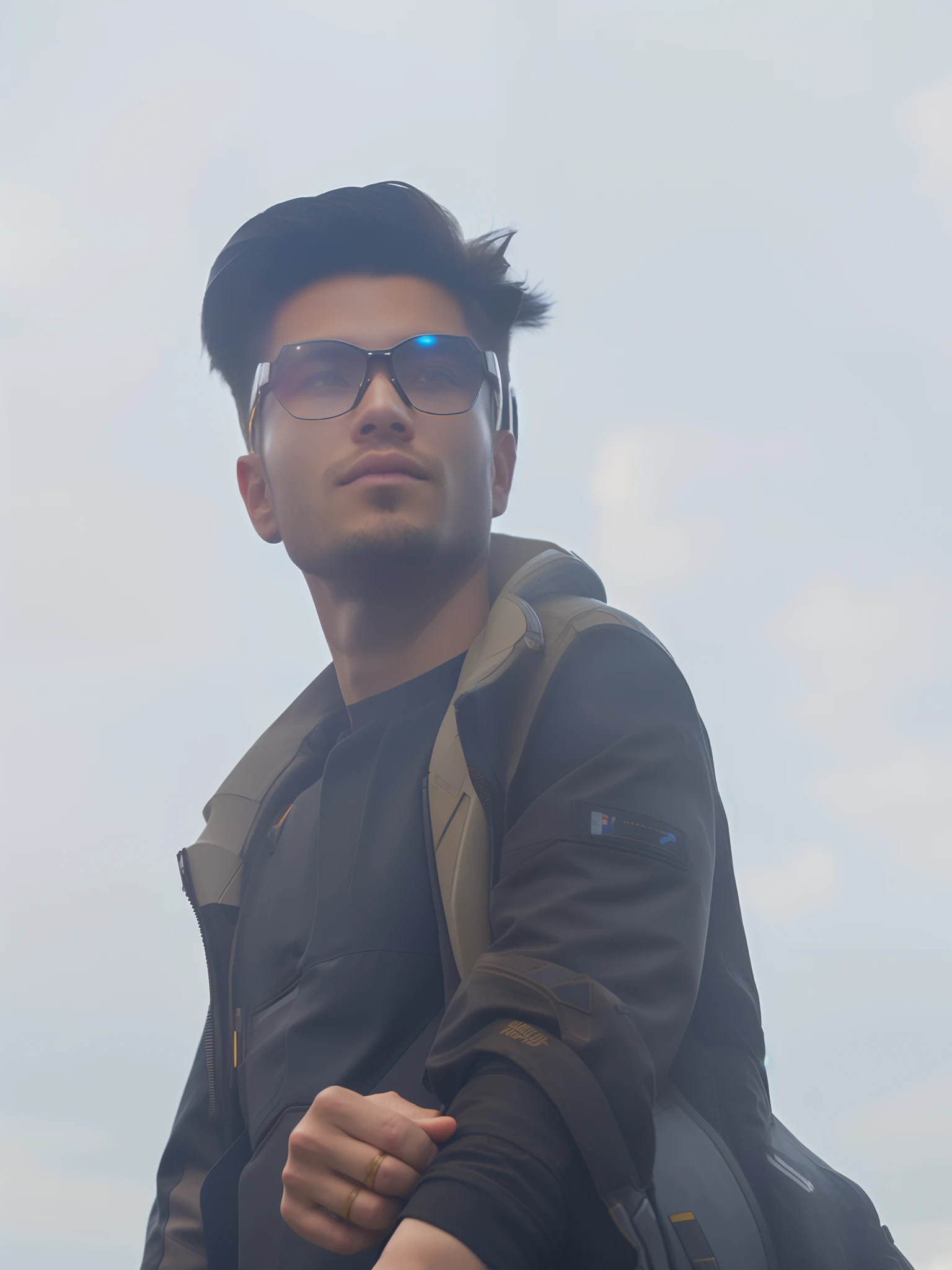 fking_scifi, award-winning photo of a man, black flight suit with yellow accents, brown hair, (gray eyes:1.35), square jawline, asymmetric face, standing in front of a window on a space ship, 80mm, bokeh, mass effect, close up, fking_cinema_v2
